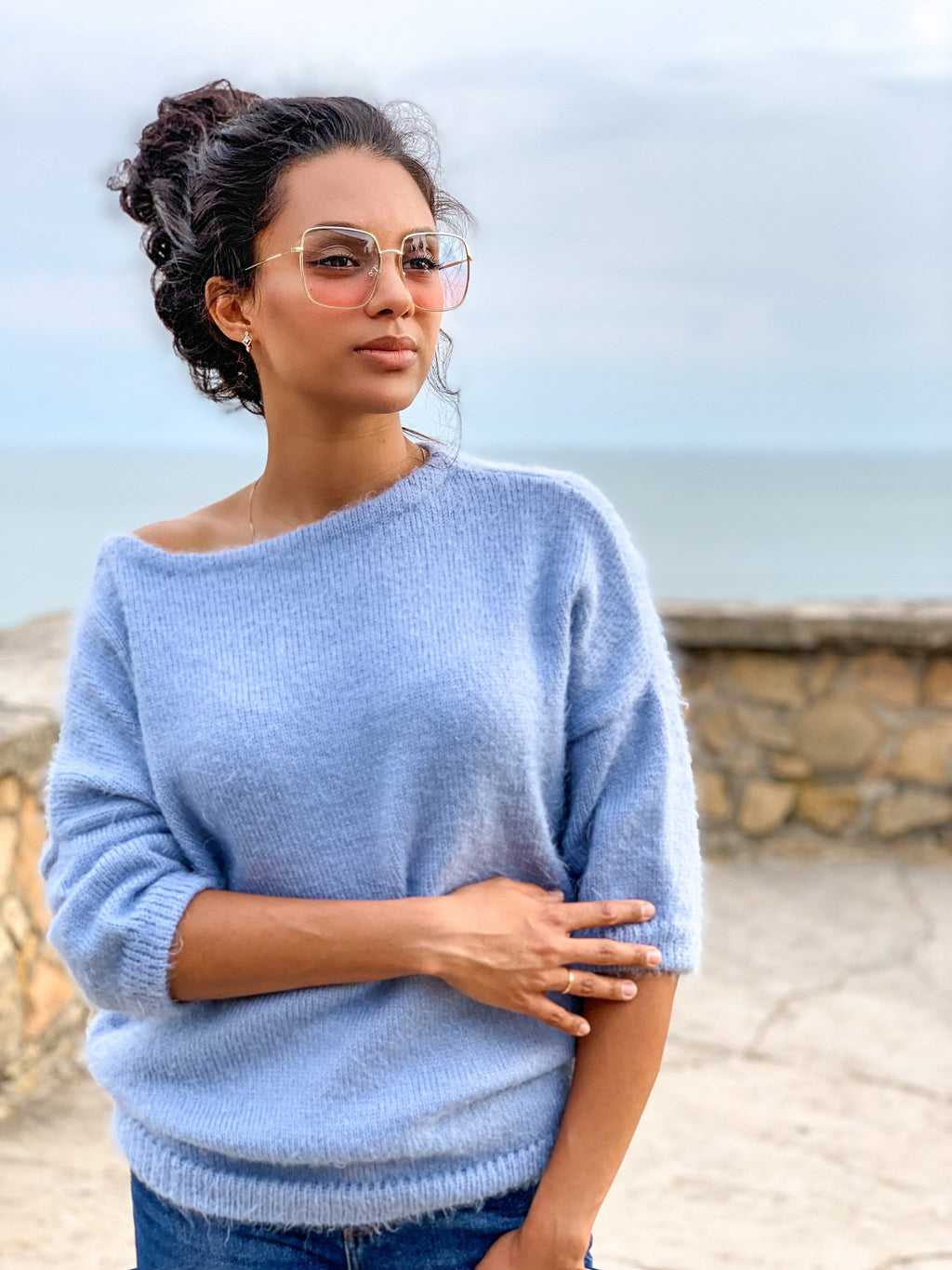 Soft cozy fluffy sweater Hypoallergenic knit light blue sweater Women oversized sweater 3/4 sleeve Eco friendly pullover One size Pne colour