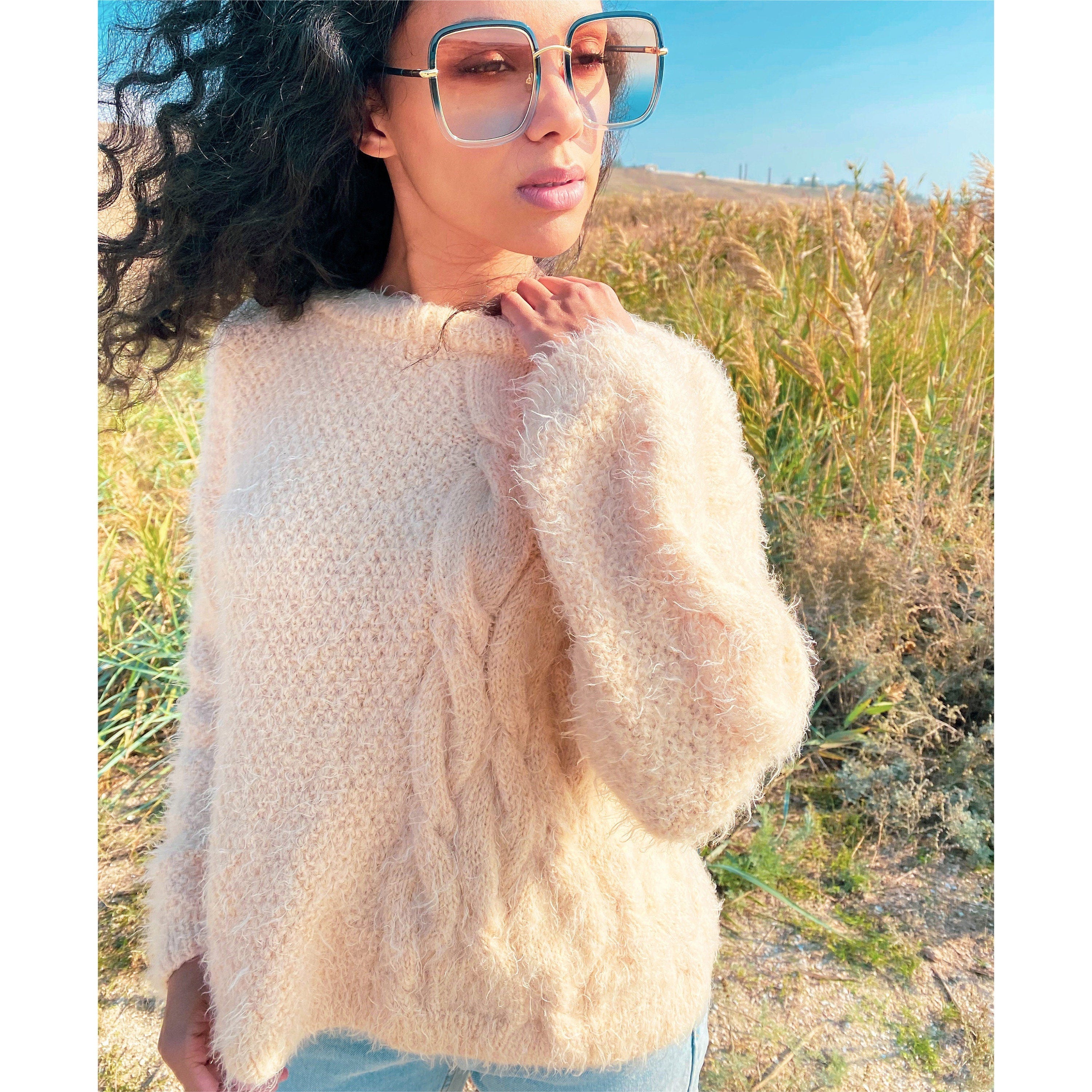 Soft fluffy hand knit oversized sweater for women Eco body friendly Chunky knit Pastel Beige pullover Long sleeve pastel jumper Sustainable