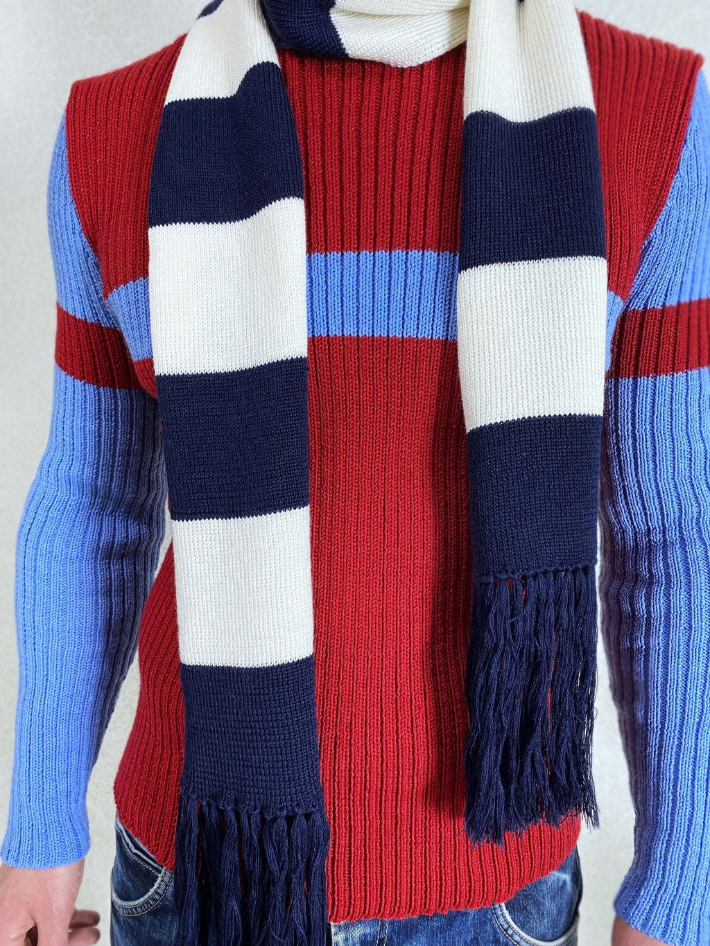 Knitted Striped scarf blue white soft meino knit scarf unisix/long mens scarf with tassels/gift for her him birthday gift