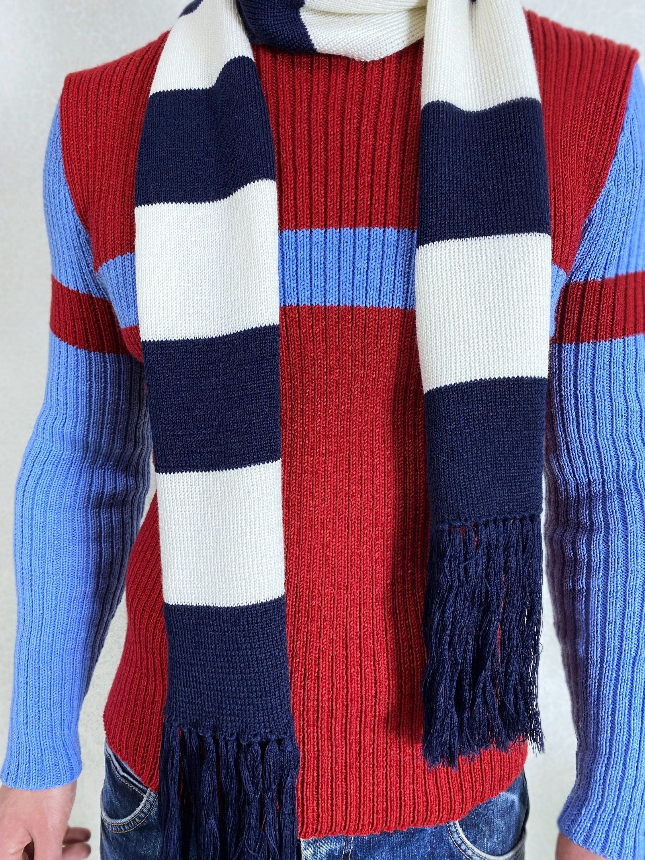 Knitted Striped scarf blue white soft meino knit scarf unisix/long mens scarf with tassels/gift for her him birthday gift