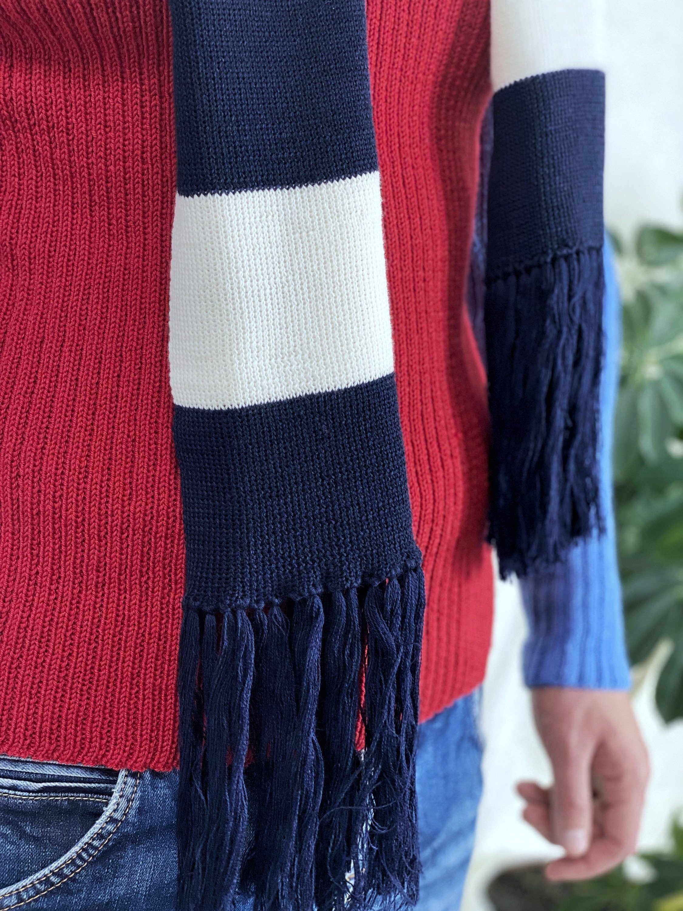 Knitted Striped scarf blue white soft meino knit scarf unisix/long mens scarf with tassels/gift for her him birthday gift