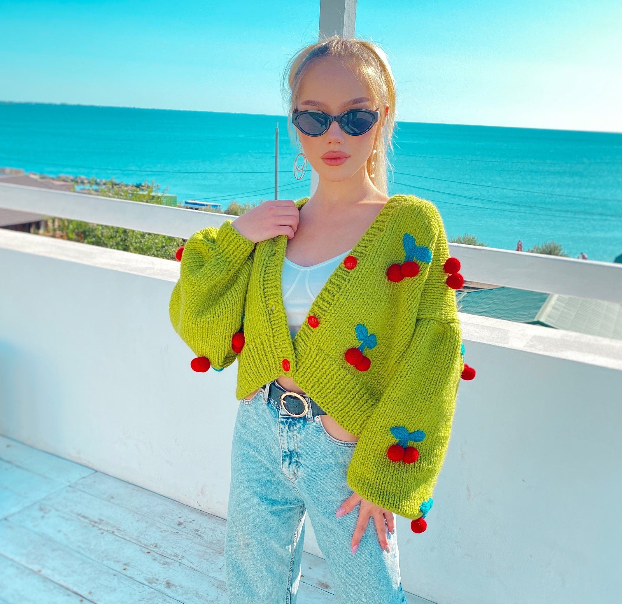 Chunky knit green crop cherry cardigan Strawberry cardigan Knitted crop sweater Loose sweater famous cardigan Unique gifts for her