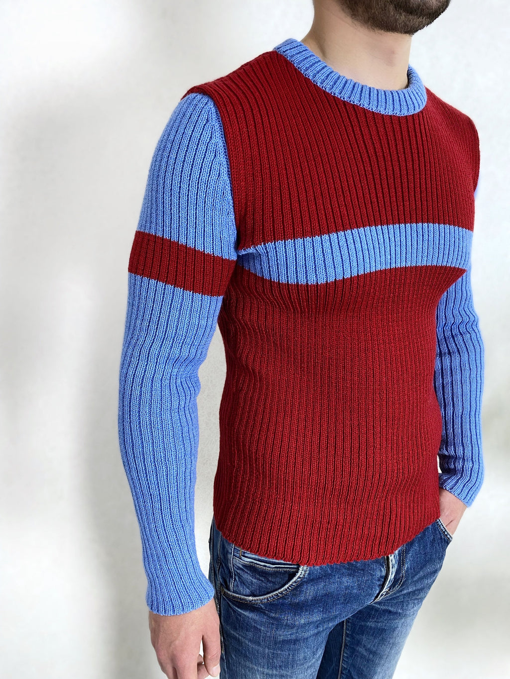 Hand knit mens sweater Men's turtleneck Blue red mens knitted sweater Men’s striped sweater gift for bestie Ribbed turtleneck sweater