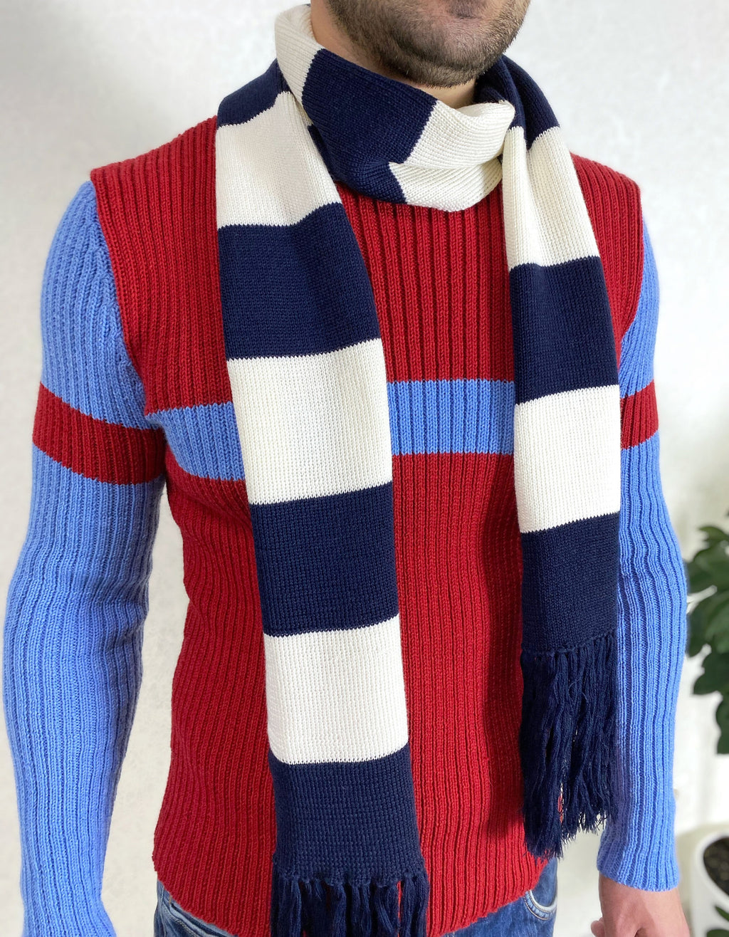 Hand knit mens sweater Men's turtleneck Blue red mens knitted sweater Men’s striped sweater gift for bestie Ribbed turtleneck sweater