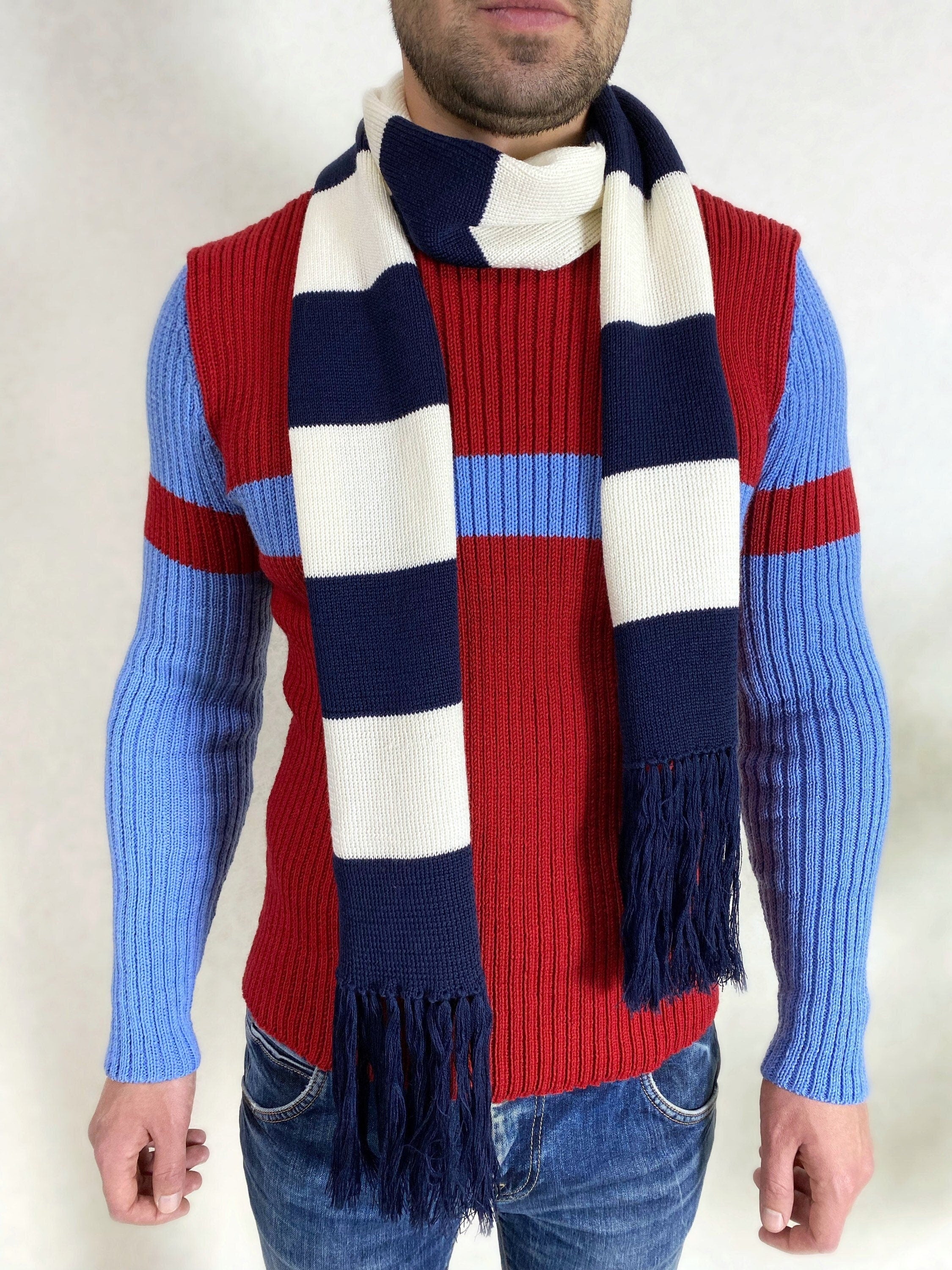 Knitted Striped scarf blue white soft meino knit scarf unisix/long mens scarf with tassels/gift for her him birthday gift