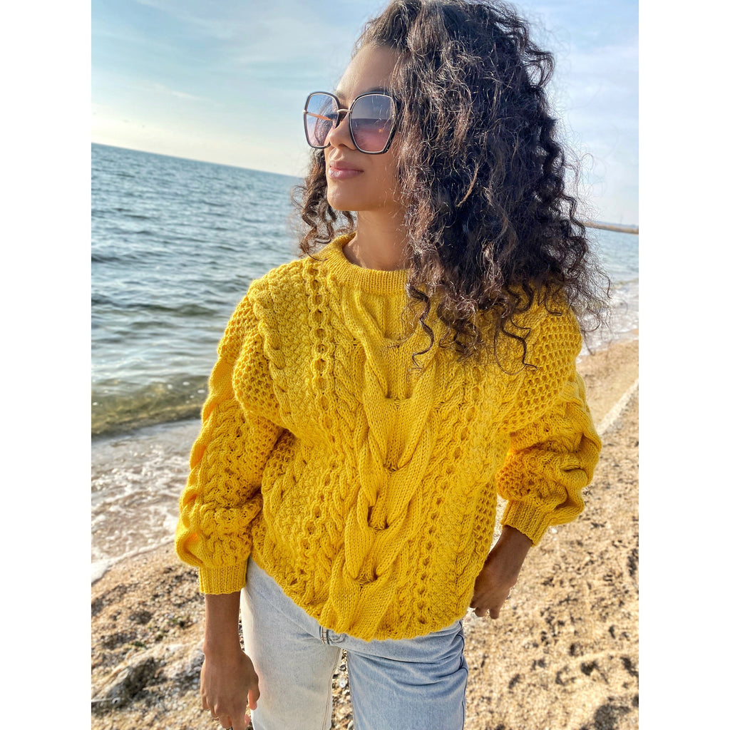 Hand knitted yellow sweater soft wool for women Oversized women’s knit jersey Three-quarter sleeve Chunky lemon sweater