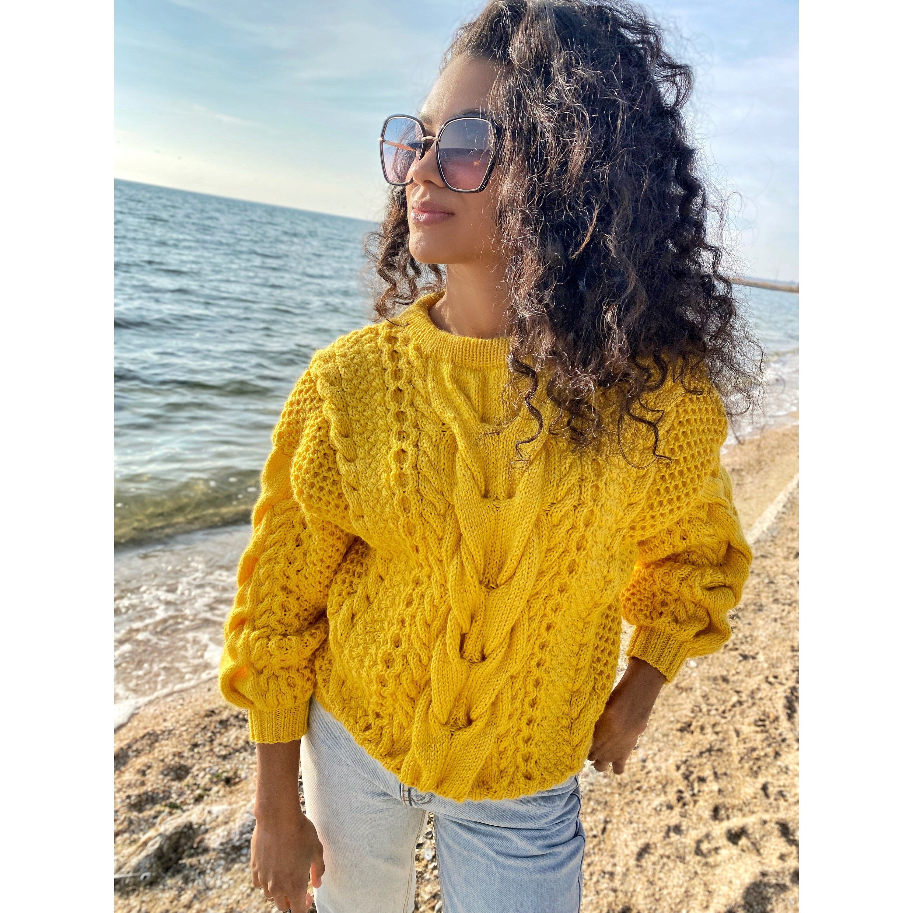 Hand knitted yellow sweater soft wool for women Oversized women’s knit jersey Three-quarter sleeve Chunky lemon sweater