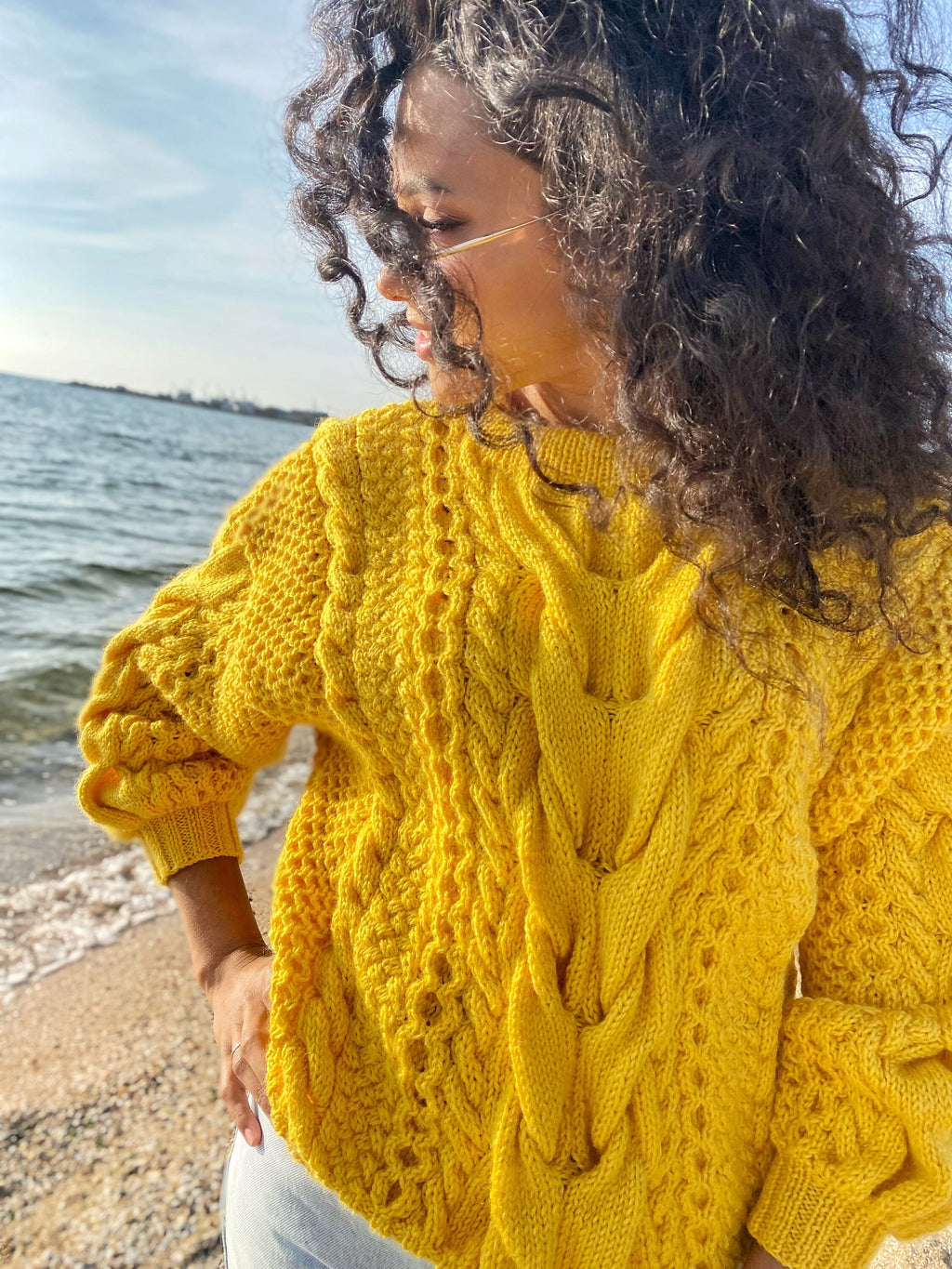 Hand knitted yellow sweater soft wool for women Oversized women’s knit jersey Three-quarter sleeve Chunky lemon sweater