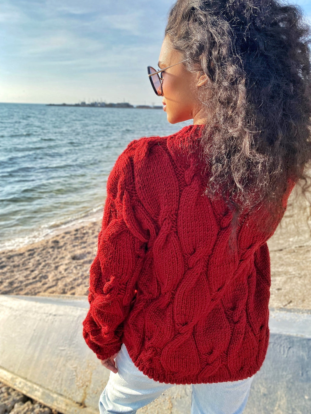 Chunky knit sweater Red sweater Oversized sweater Braids sweater Cable knit sweater burgundy sweater Women Knitwear turtleneck unique gifts