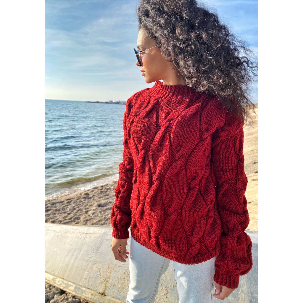 Chunky knit sweater Red sweater Oversized sweater Braids sweater Cable knit sweater burgundy sweater Women Knitwear turtleneck unique gifts