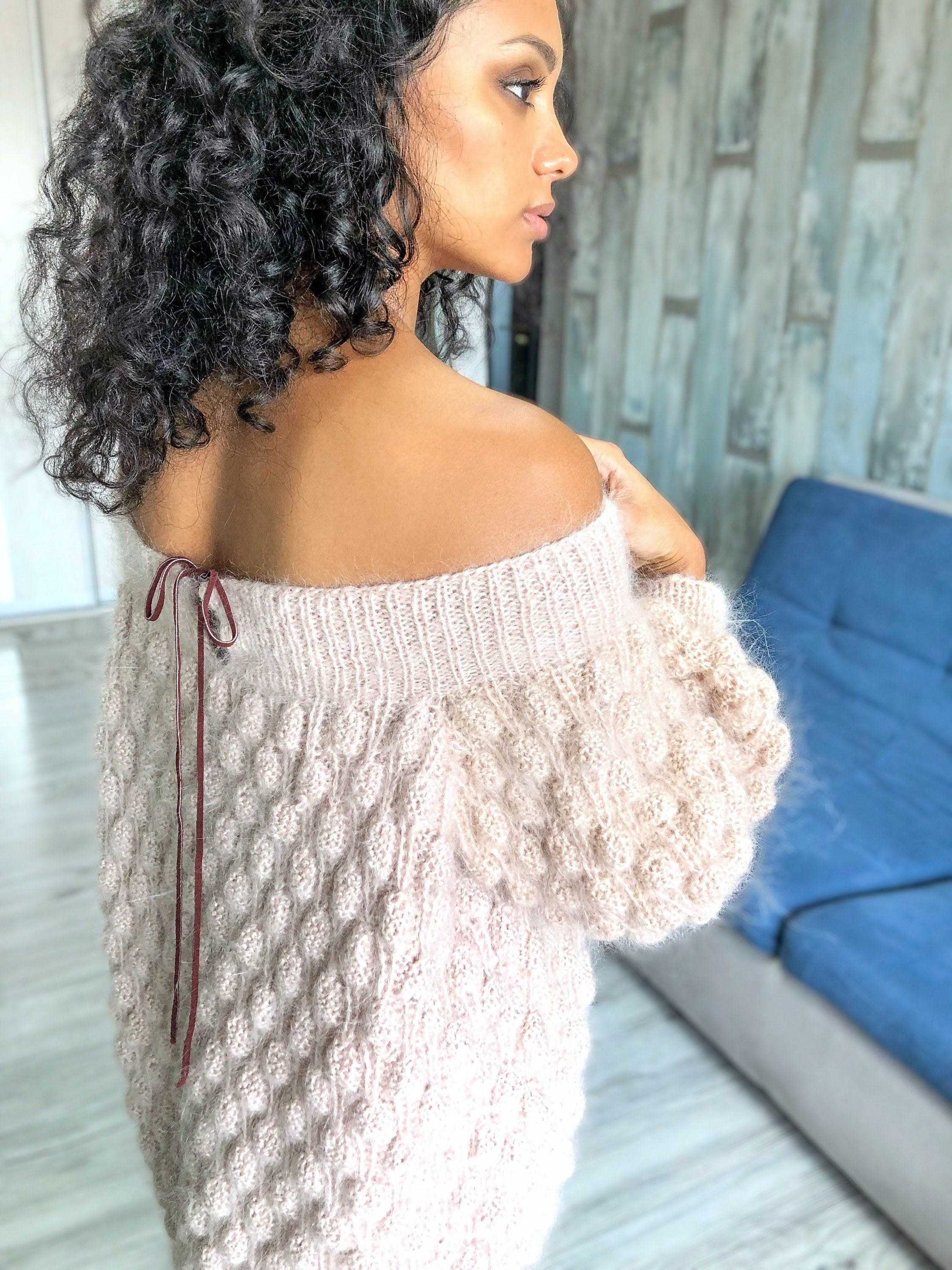 Mohair beige oversized sweater dress off the shoulder Chunky hand knit dress Open shoulders wool long sweater Many colors sweater-dress