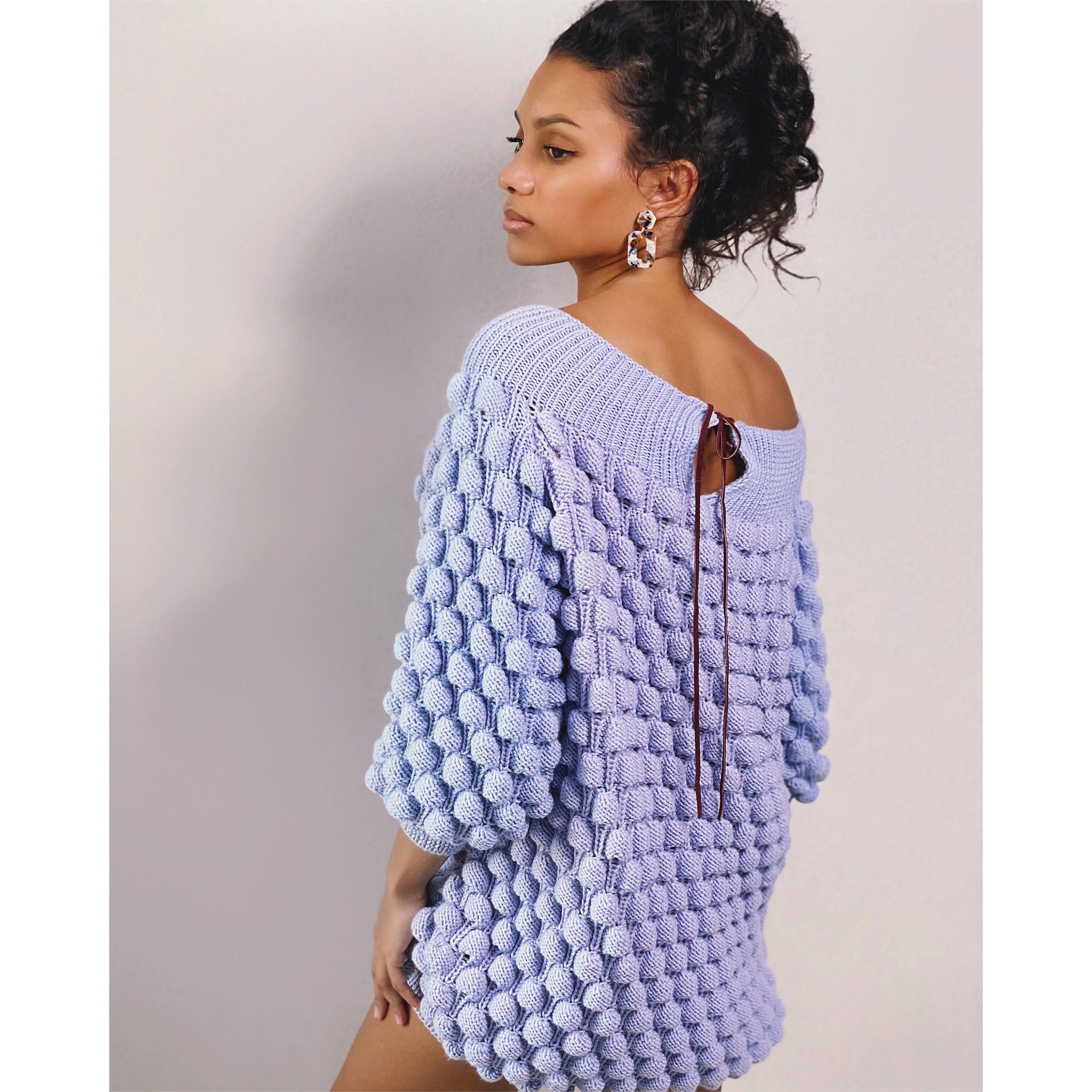 Bubble hand knit long blue sweater dress women Off shoulder merino wool sweater Balloons chunky sweater-dress Cable knit sweater