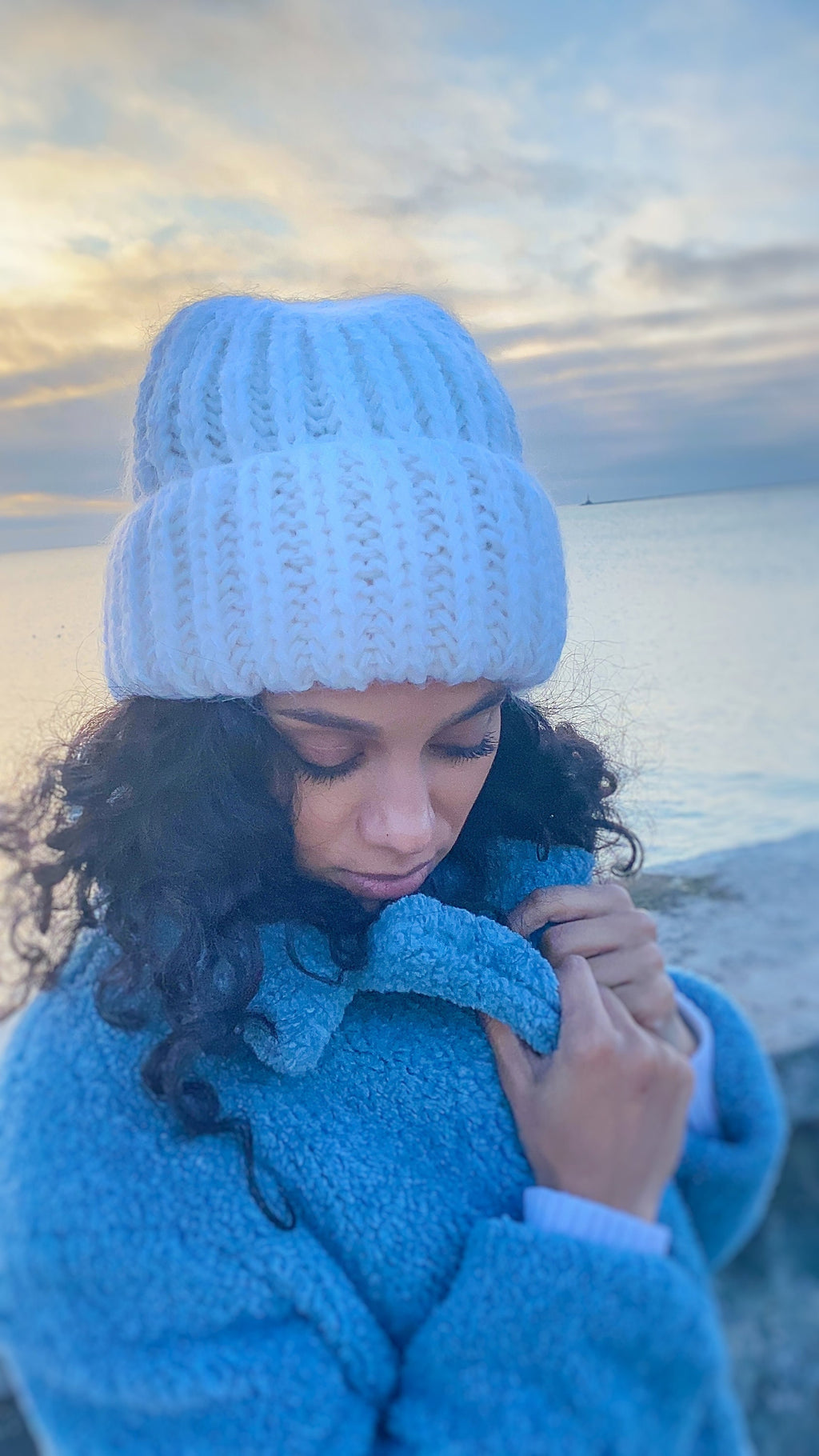 Hand knitted white mohair hat women Bulky knit chunky winter beanie hat Warm hat with lapel Chunky knit hat Cozy white knitted hat
