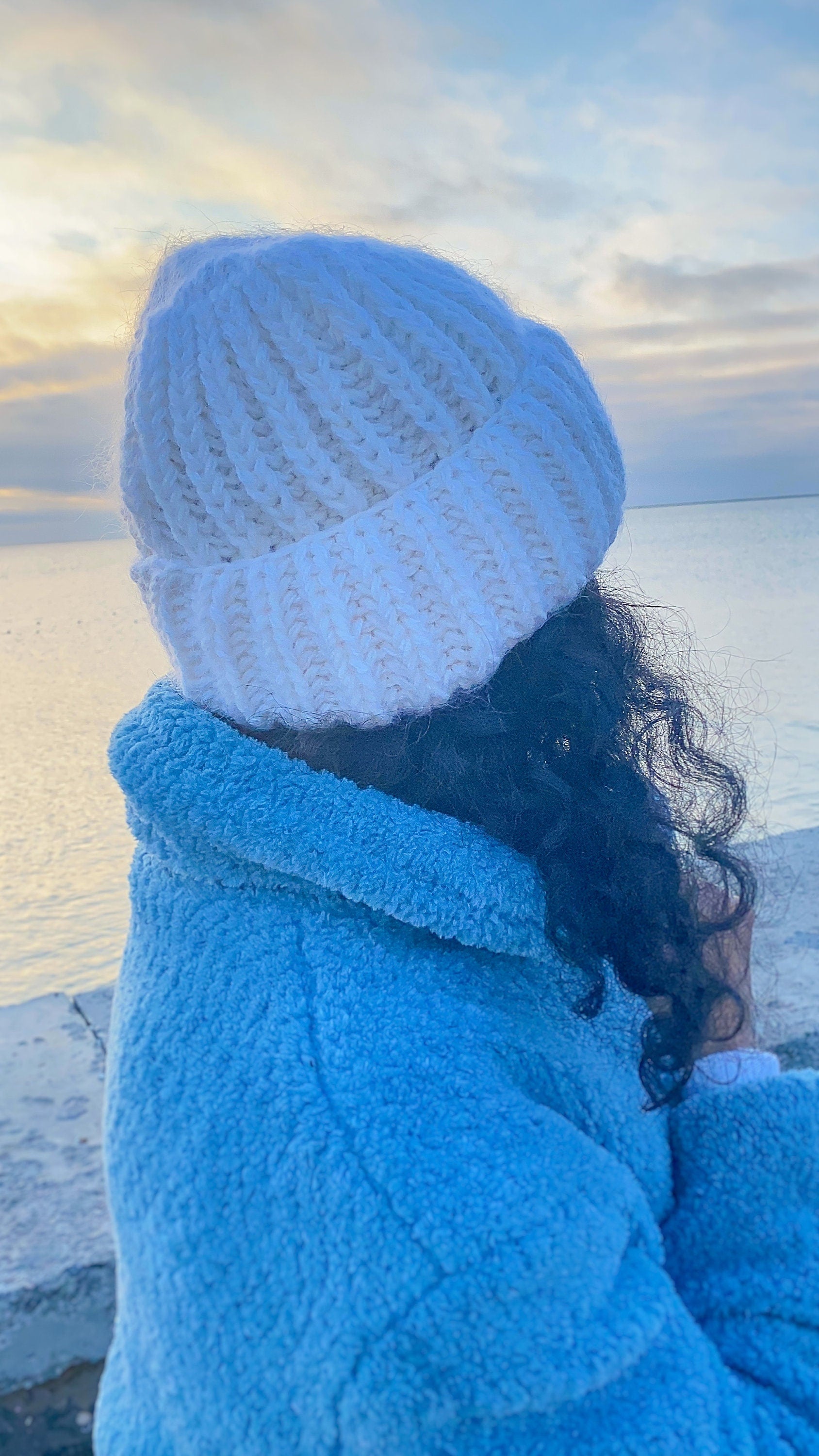 Hand knitted white mohair hat women Bulky knit chunky winter beanie hat Warm hat with lapel Chunky knit hat Cozy white knitted hat