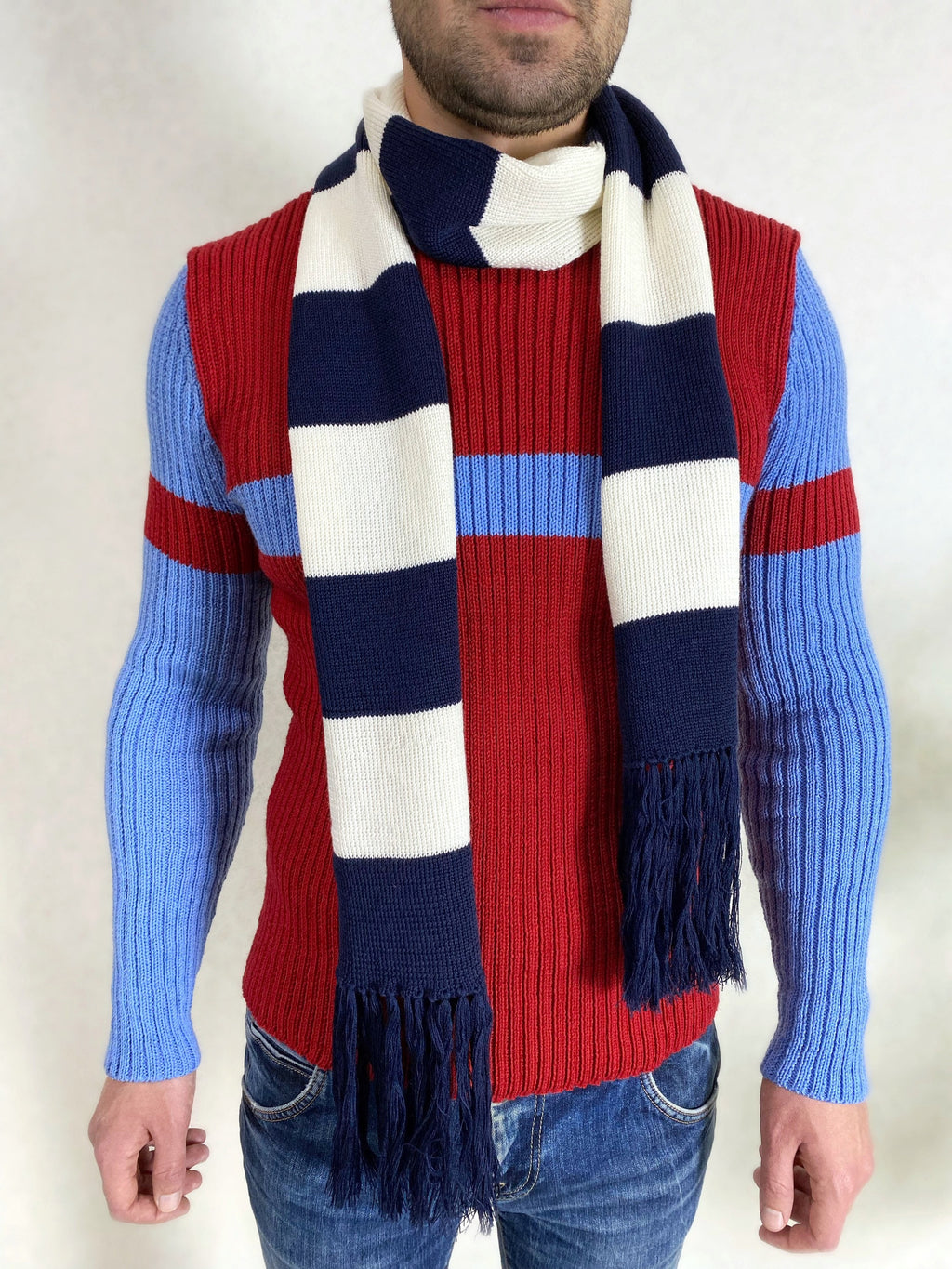 Red blue knitted sweater/knit woolen mens unisex sweater/red pullover/wool turtleneck/gender neutral sweater/chunky knit pullover