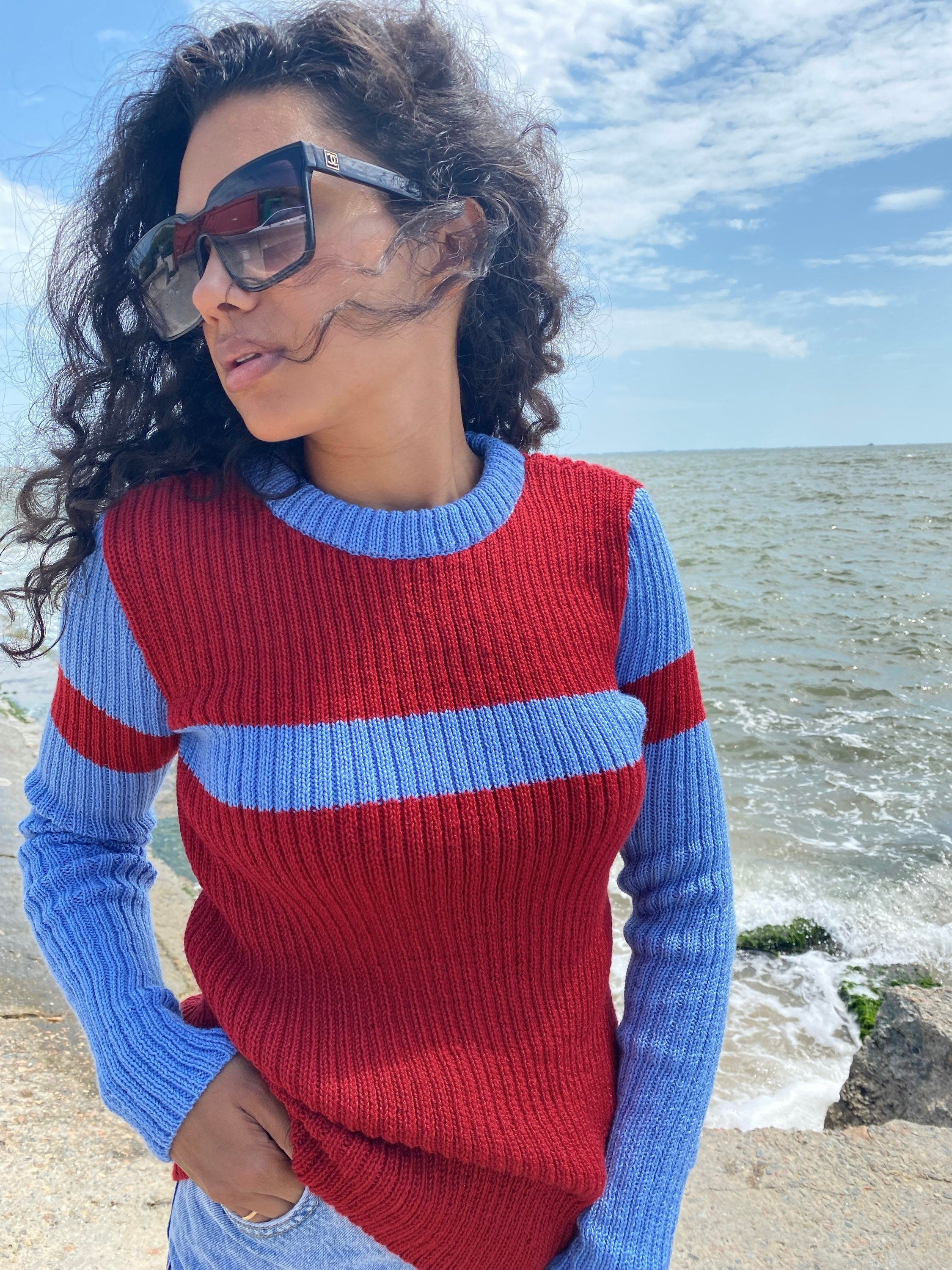 Red blue knitted sweater/knit woolen mens unisex sweater/red pullover/wool turtleneck/gender neutral sweater/chunky knit pullover
