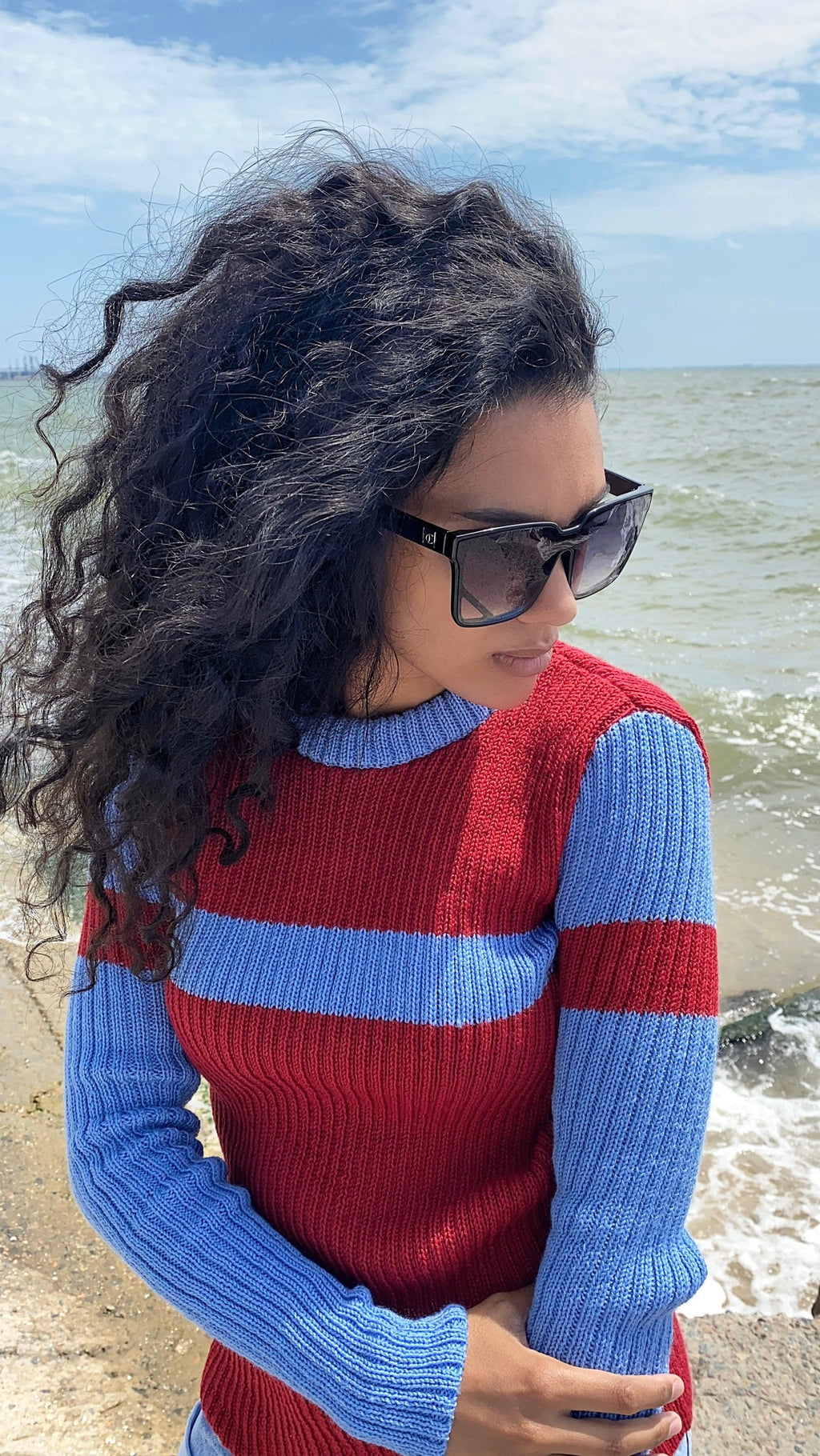 Red blue knitted sweater/knit woolen mens unisex sweater/red pullover/wool turtleneck/gender neutral sweater/chunky knit pullover