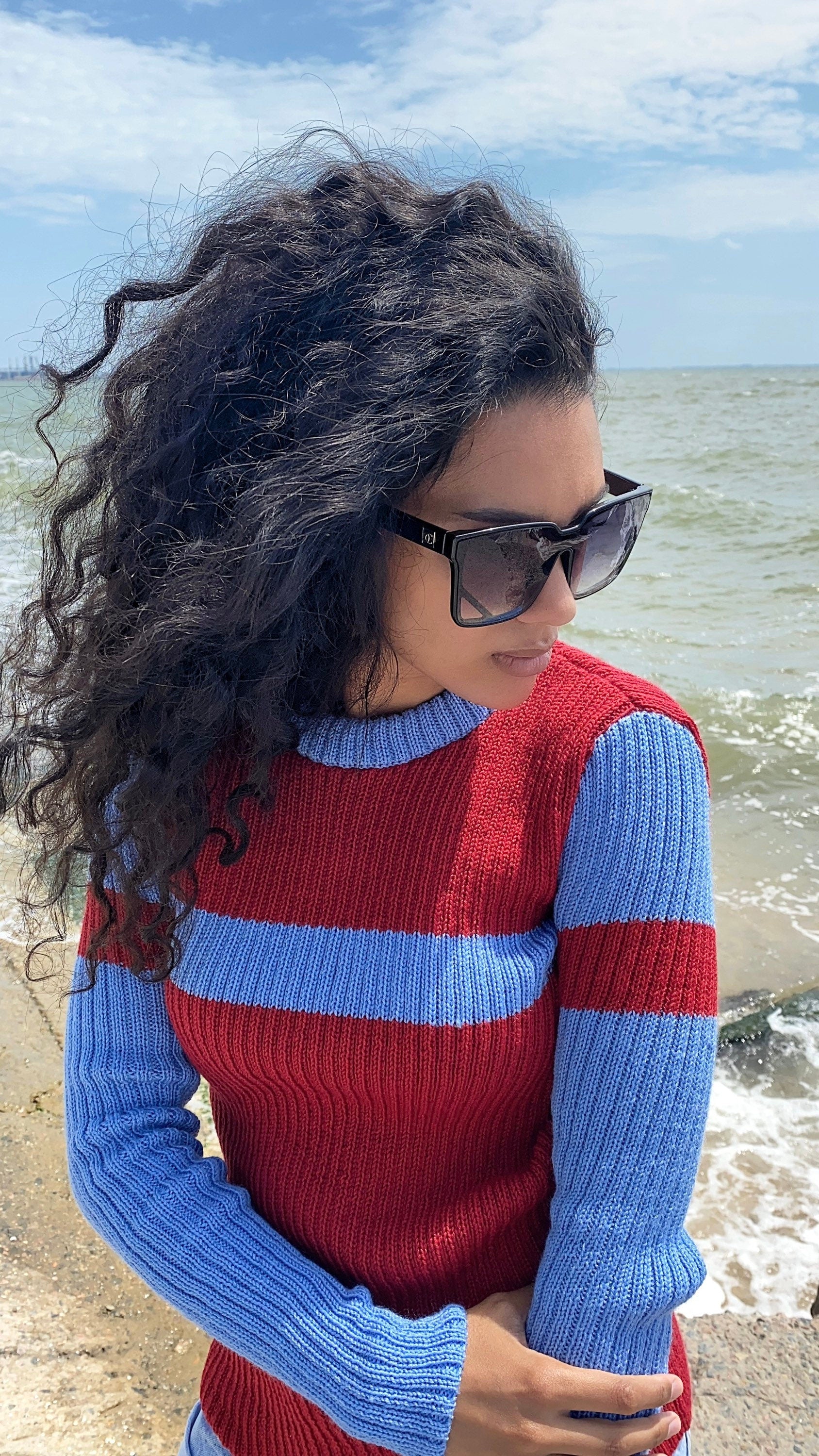 Red blue knitted sweater/knit woolen mens unisex sweater/red pullover/wool turtleneck/gender neutral sweater/chunky knit pullover