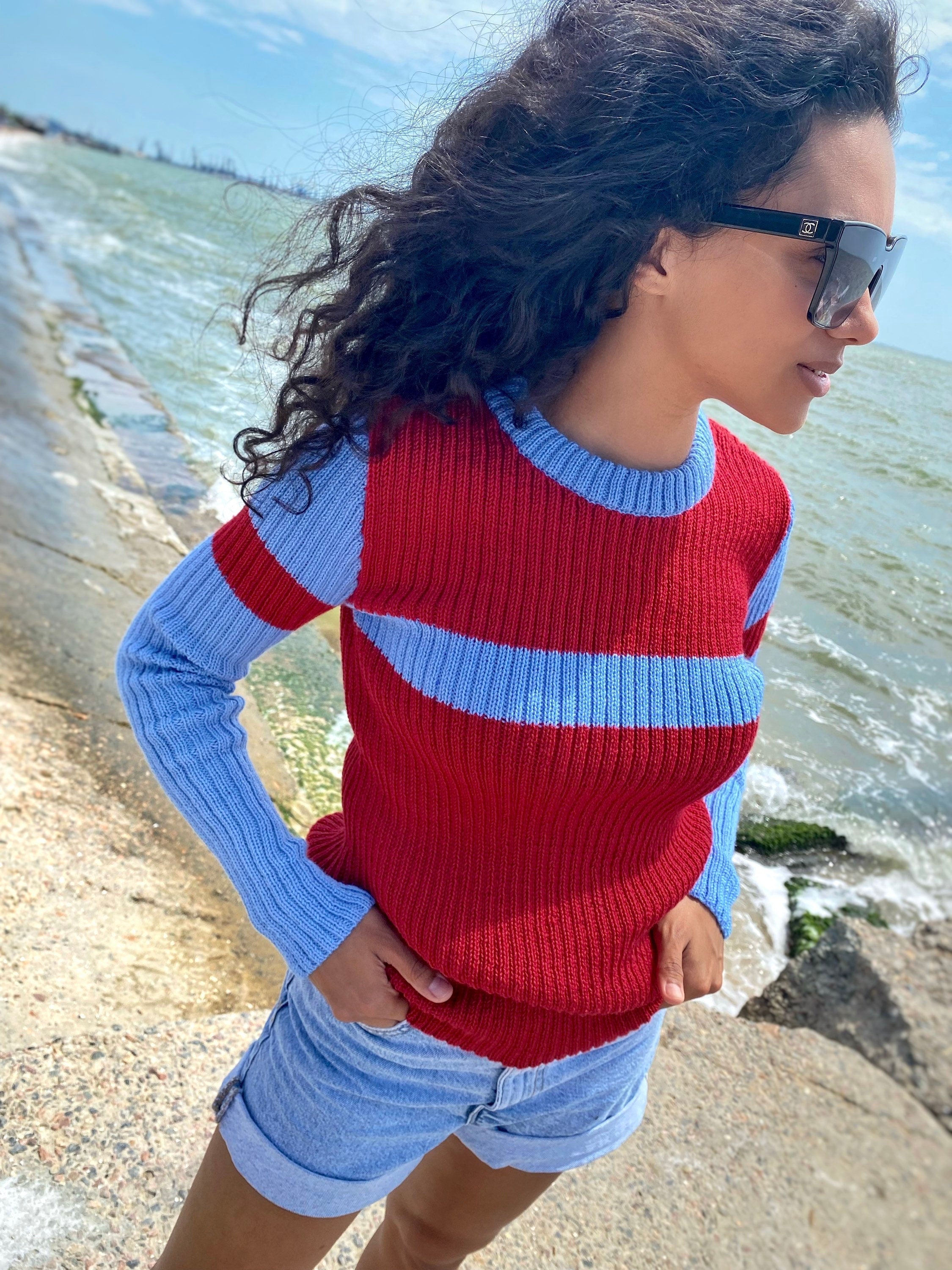 Red blue knitted sweater/knit woolen mens unisex sweater/red pullover/wool turtleneck/gender neutral sweater/chunky knit pullover