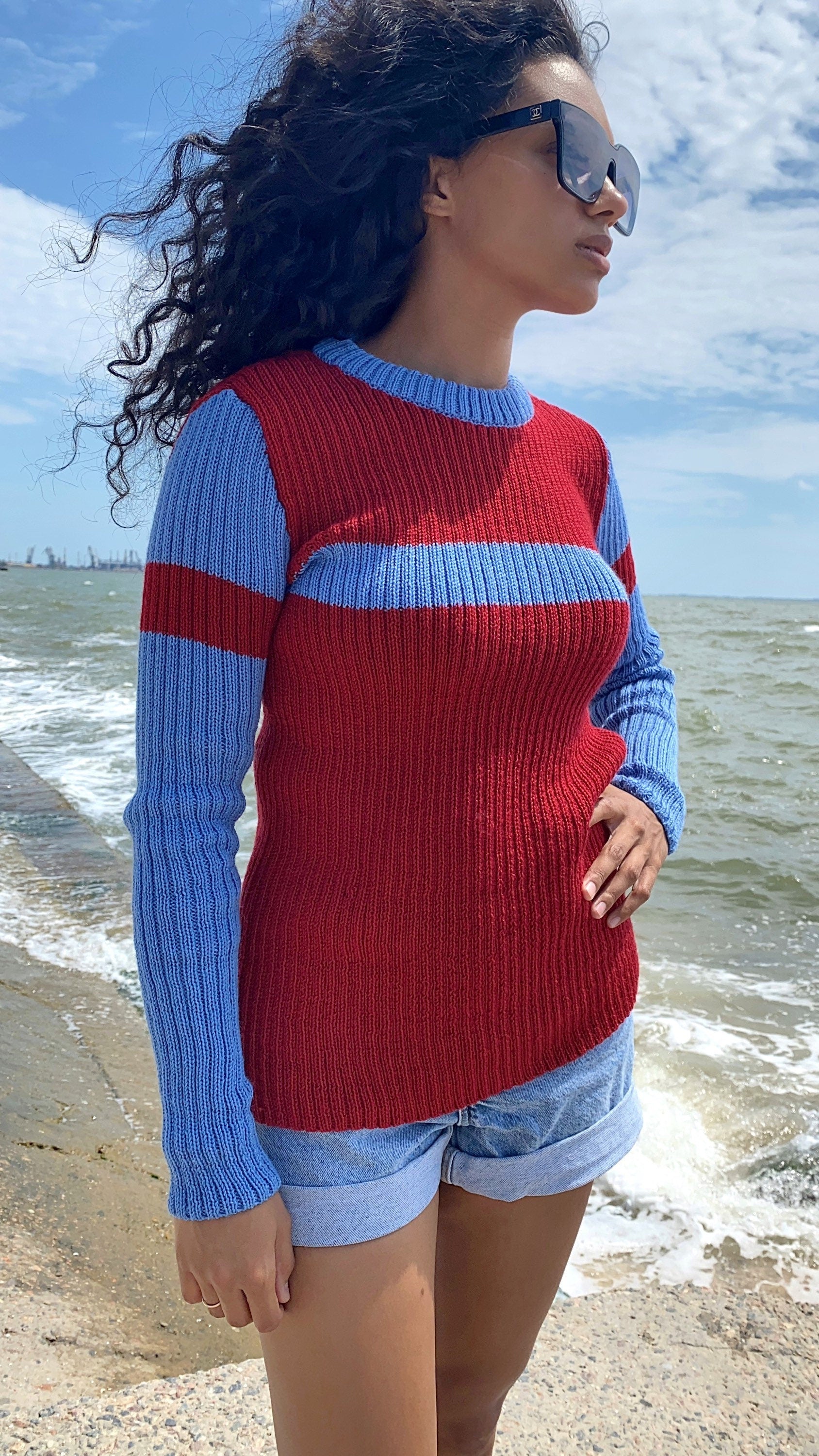 Red blue knitted sweater/knit woolen mens unisex sweater/red pullover/wool turtleneck/gender neutral sweater/chunky knit pullover