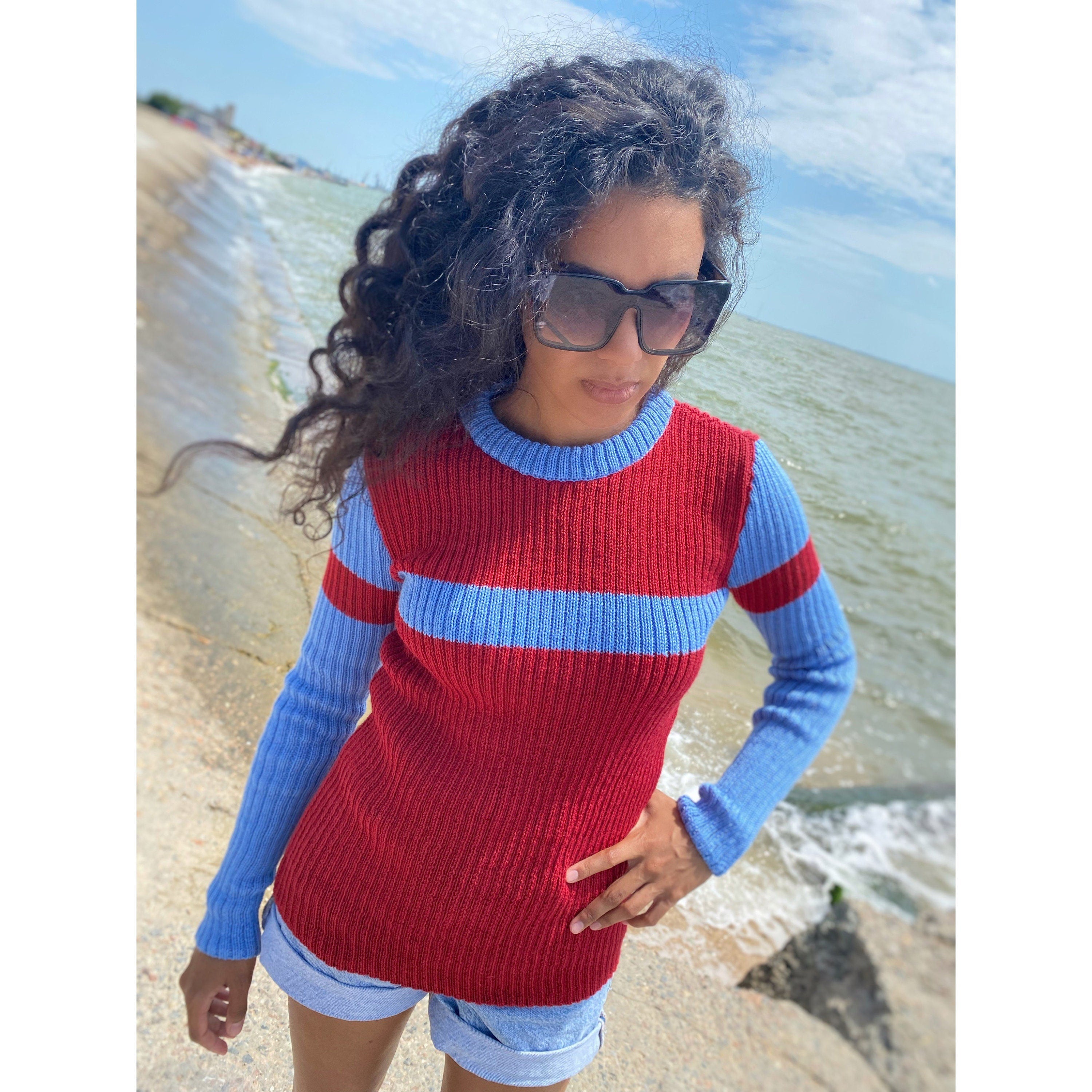 Red blue knitted sweater/knit woolen mens unisex sweater/red pullover/wool turtleneck/gender neutral sweater/chunky knit pullover