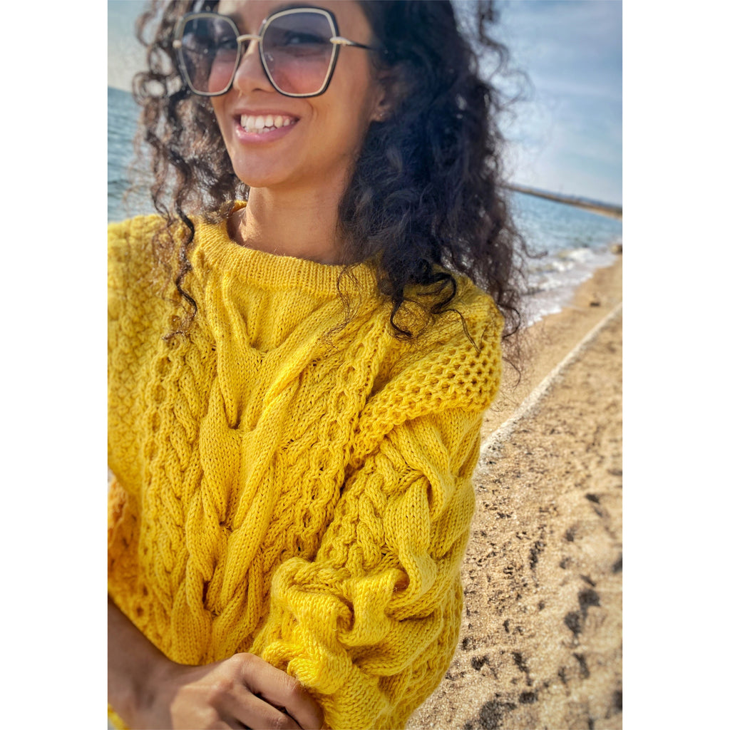 Hand knitted yellow sweater soft wool for women Oversized women’s knit jersey Three-quarter sleeve Chunky lemon sweater
