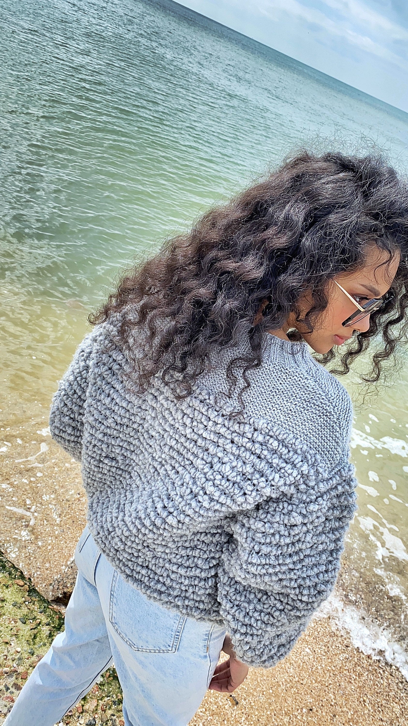Cable hand knit boucle alpaca wool gray sweater Chunky knit cropped oversize One shoulder big cable knit sweater women