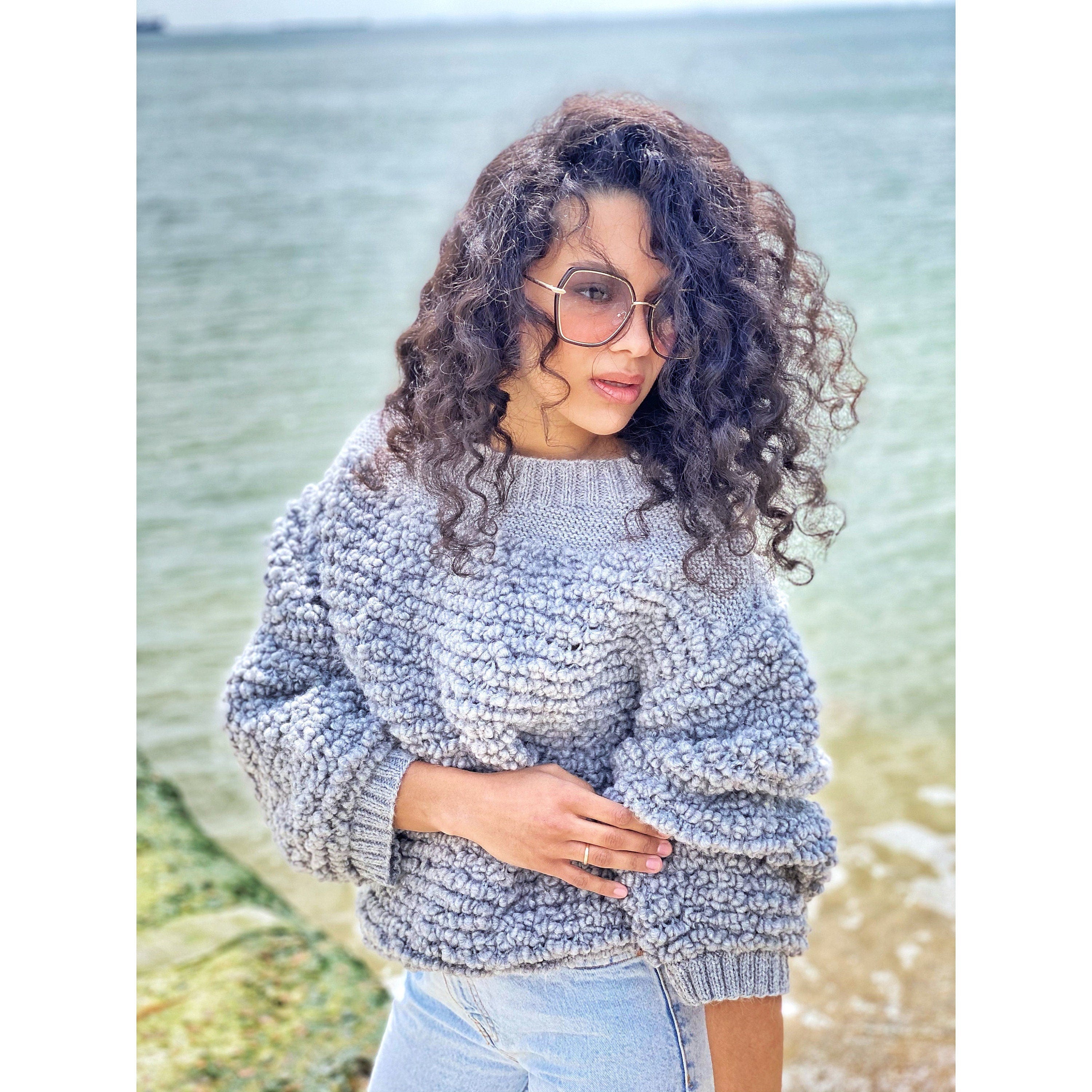 Cable hand knit boucle alpaca wool gray sweater Chunky knit cropped oversize One shoulder big cable knit sweater women
