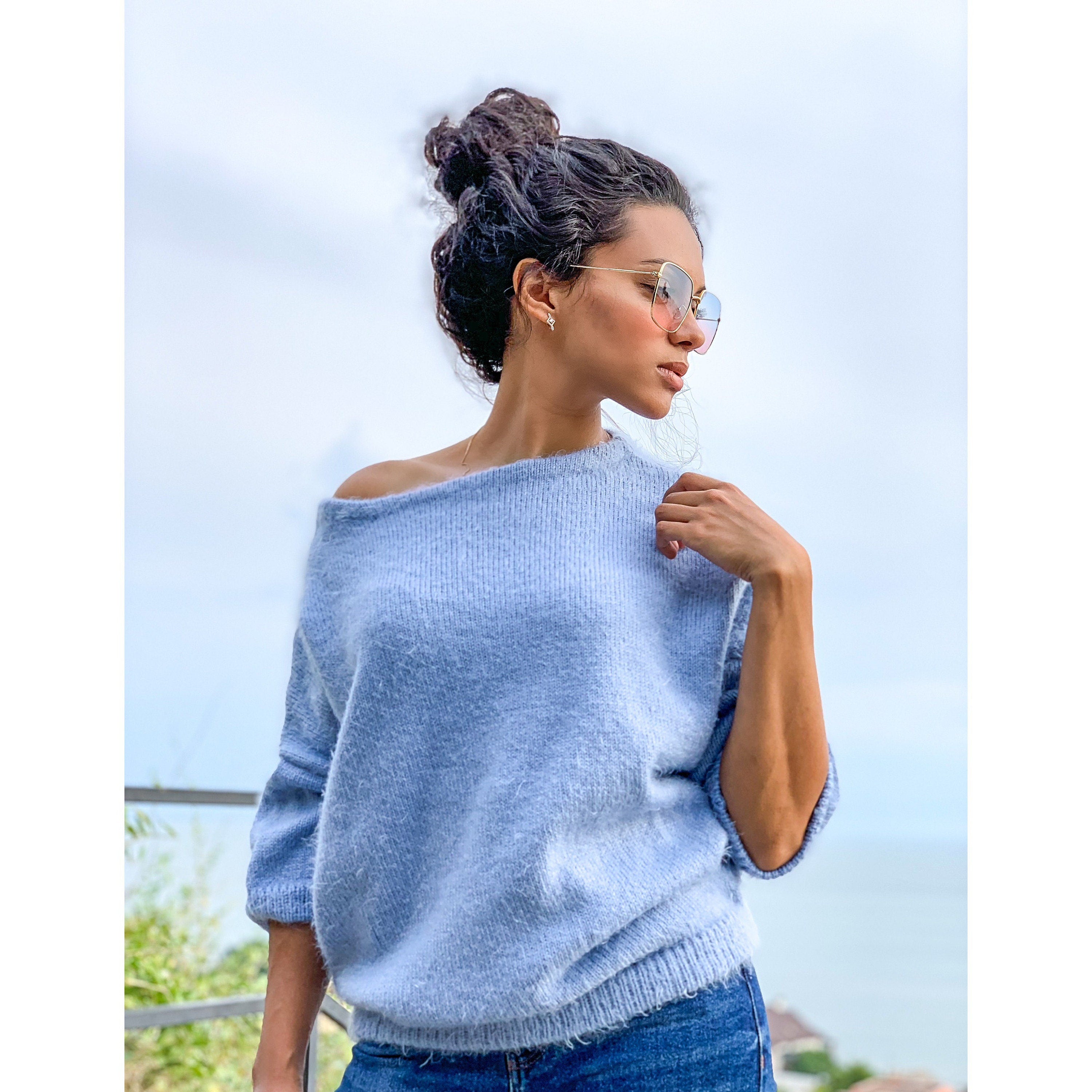 Soft cozy fluffy sweater Hypoallergenic knit light blue sweater Women oversized sweater 3/4 sleeve Eco friendly pullover One size Pne colour