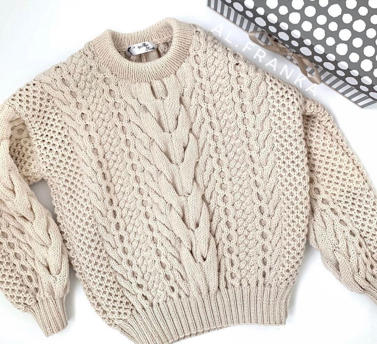 Blue knit wool sweater women Hand knit jumper Half sleeve Cable knitting Loose knit Oversized Chunky knit light blue knitted pullover