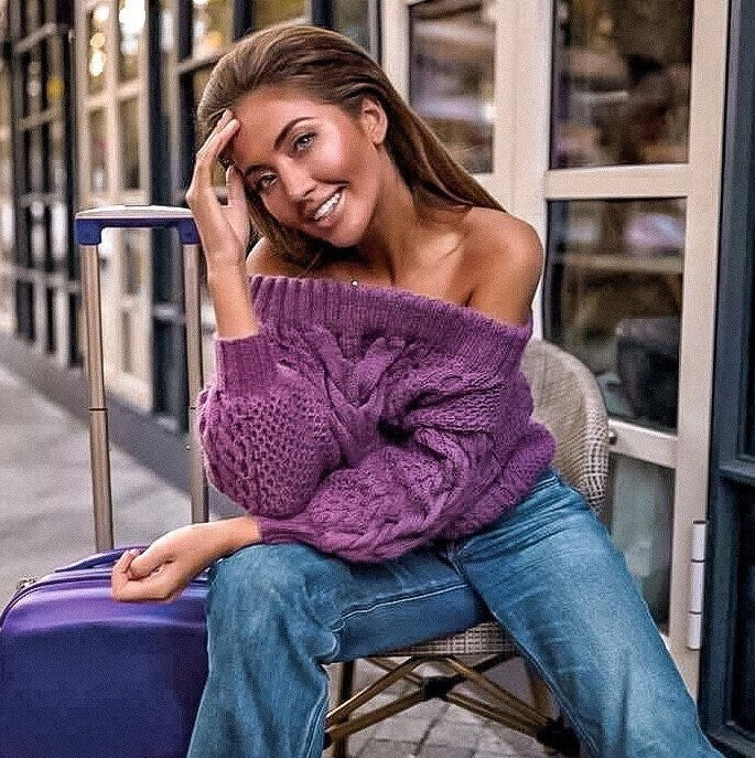 Cable knitted purple Off the shoulder wool sweater Chunky knit violet pullover one shoulder oversized women hand knit winter Fall sweater