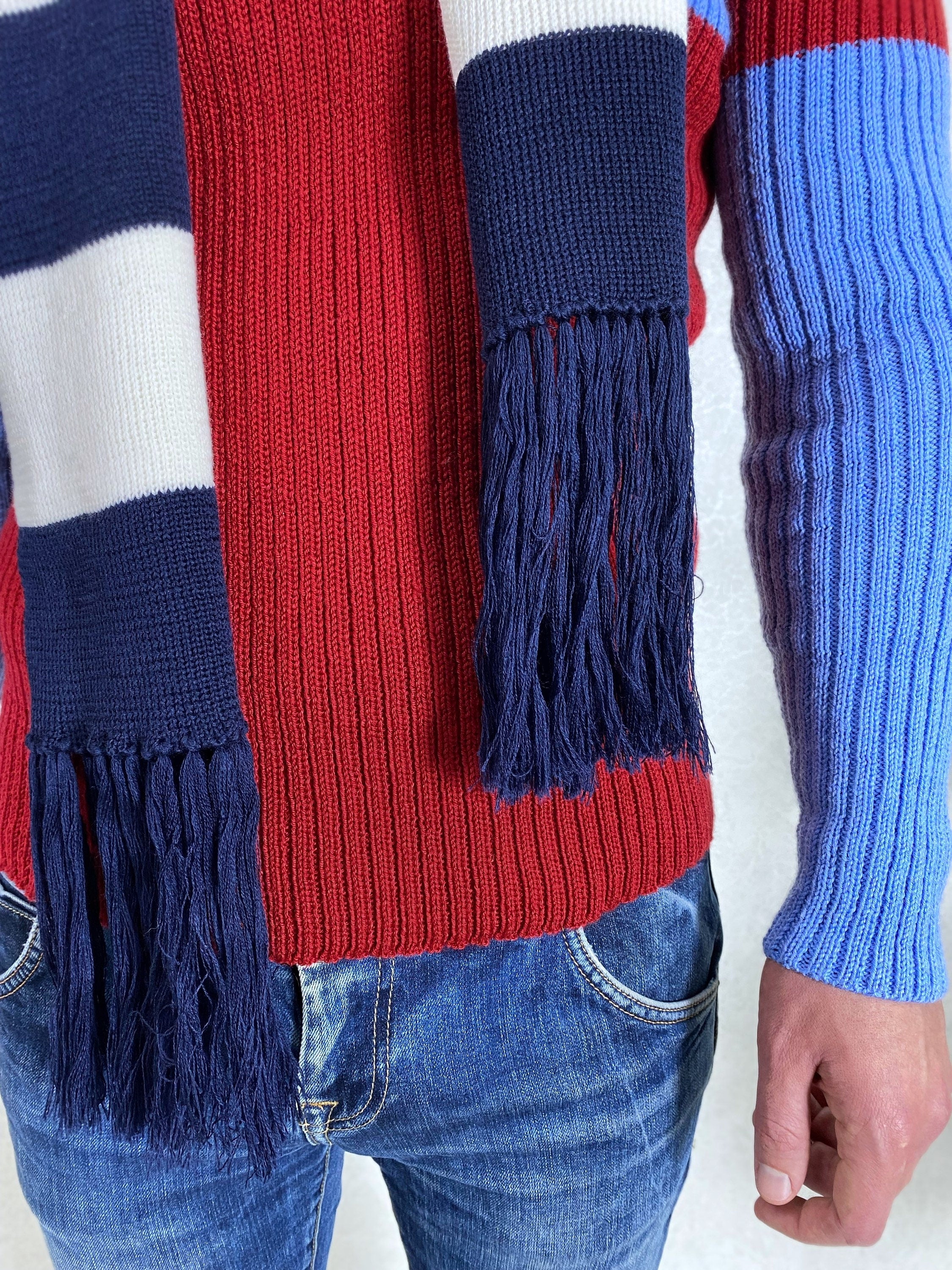 Knitted Striped scarf blue white soft meino knit scarf unisix/long mens scarf with tassels/gift for her him birthday gift