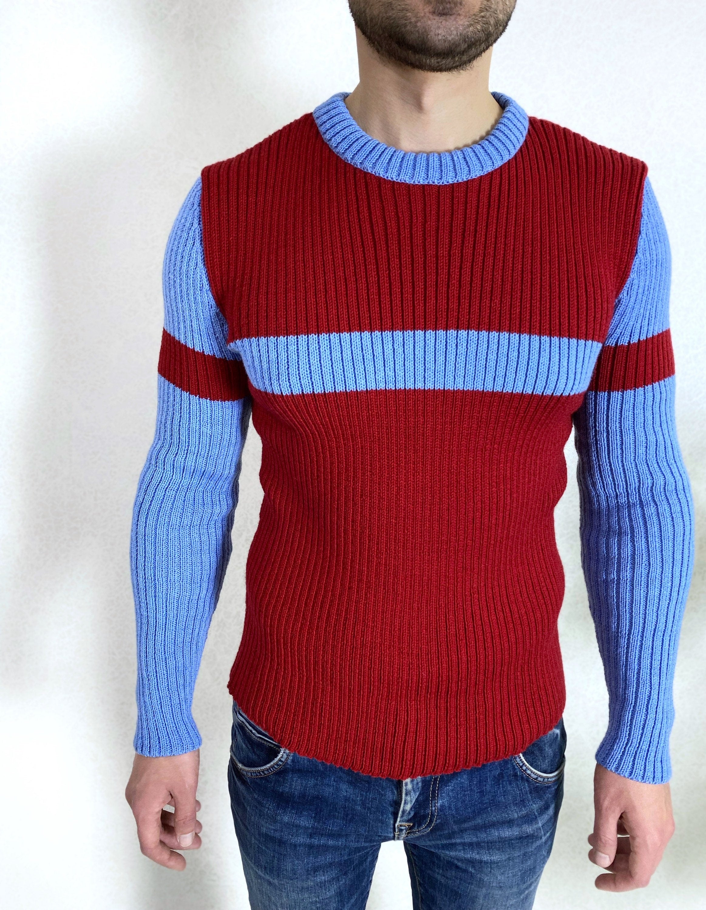 Hand knit mens sweater Men's turtleneck Blue red mens knitted sweater Men’s striped sweater gift for bestie Ribbed turtleneck sweater