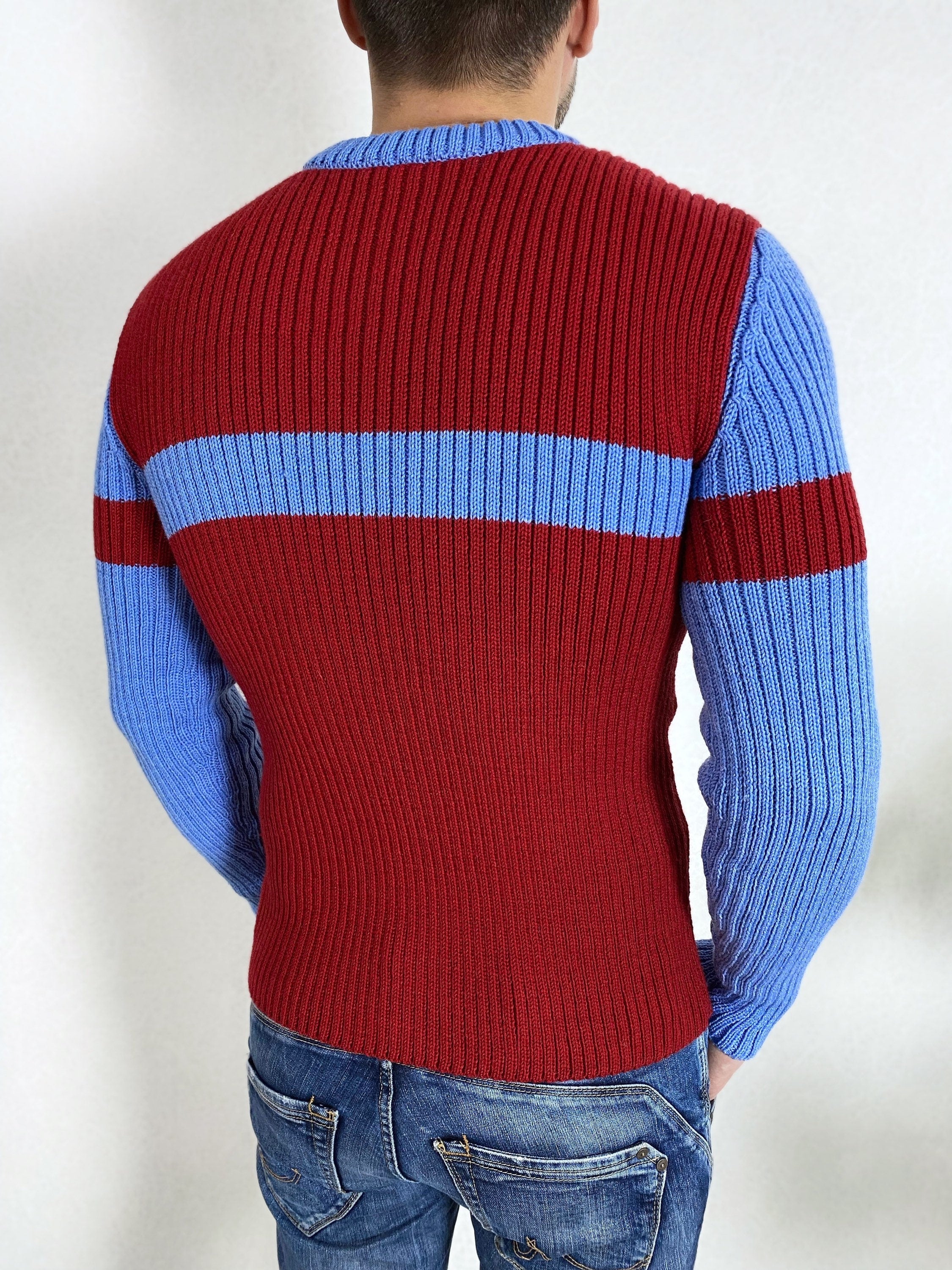 Hand knit mens sweater Men's turtleneck Blue red mens knitted sweater Men’s striped sweater gift for bestie Ribbed turtleneck sweater