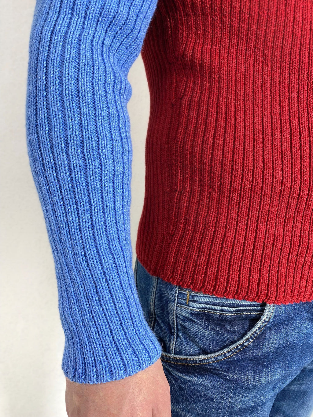 Hand knit mens sweater Men's turtleneck Blue red mens knitted sweater Men’s striped sweater gift for bestie Ribbed turtleneck sweater