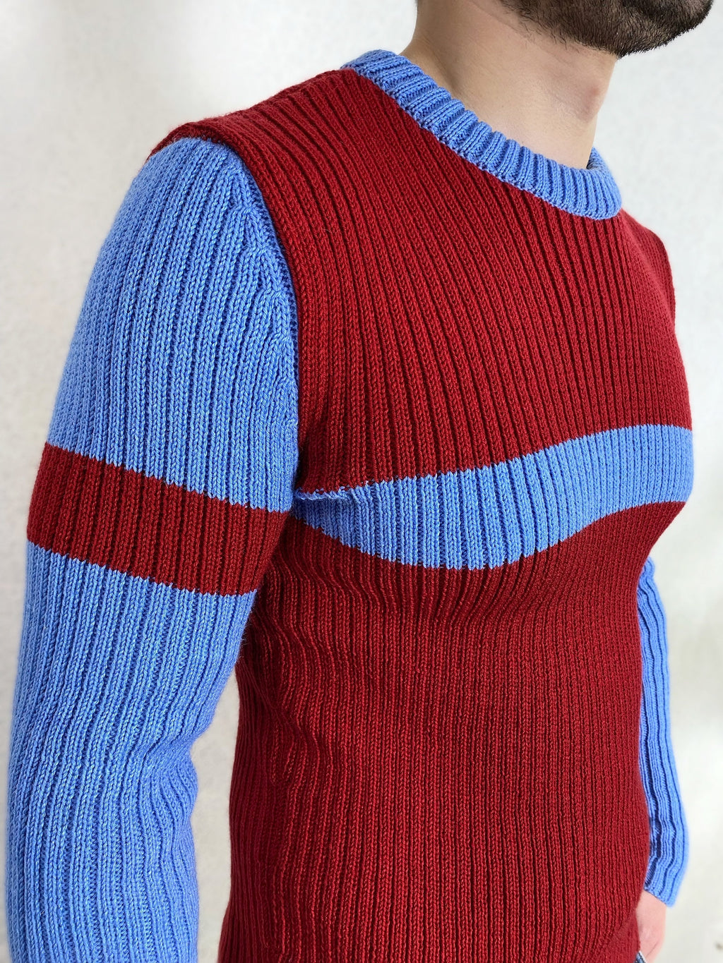 Hand knit mens sweater Men's turtleneck Blue red mens knitted sweater Men’s striped sweater gift for bestie Ribbed turtleneck sweater