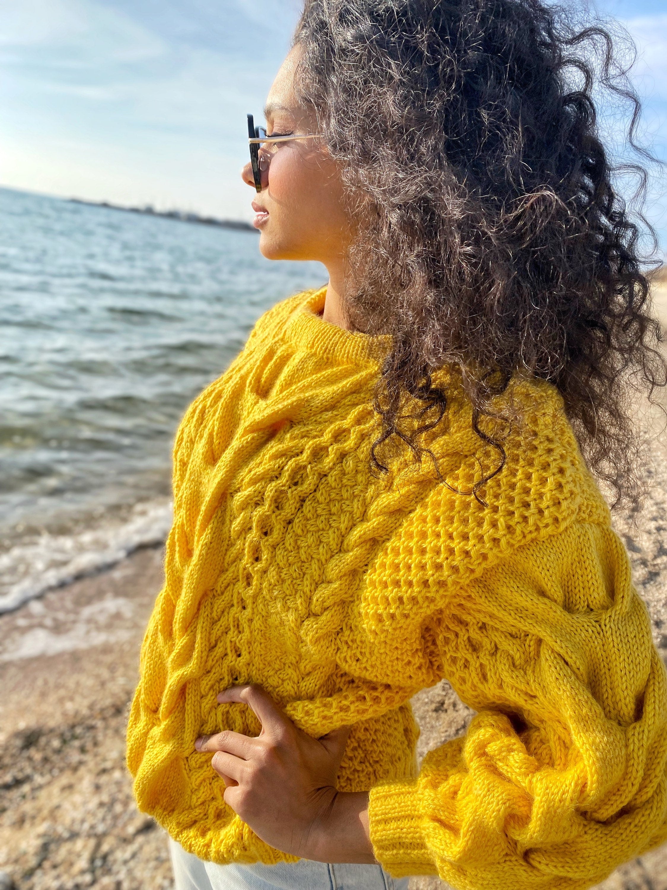 Hand knitted yellow sweater soft wool for women Oversized women’s knit jersey Three-quarter sleeve Chunky lemon sweater