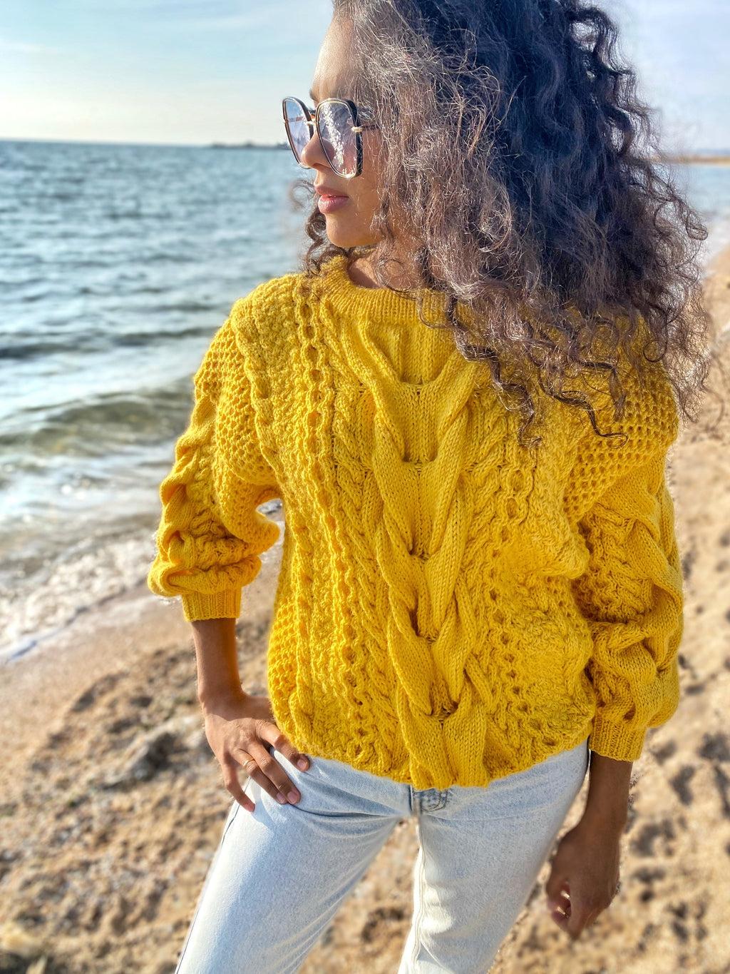Hand knitted yellow sweater soft wool for women Oversized women’s knit jersey Three-quarter sleeve Chunky lemon sweater