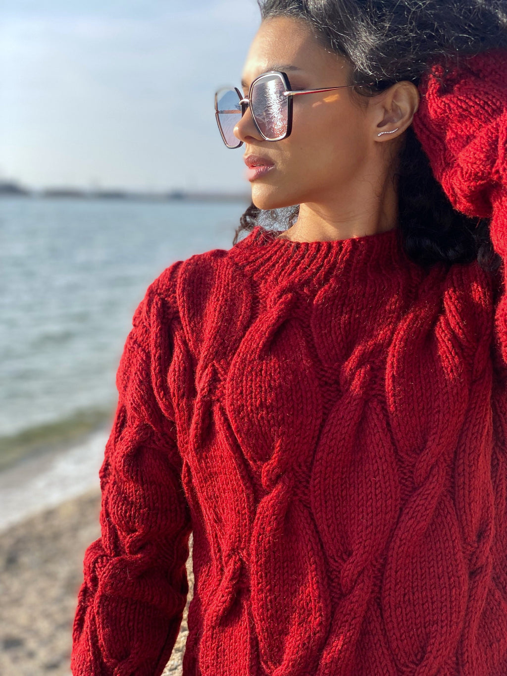 Chunky knit sweater Red sweater Oversized sweater Braids sweater Cable knit sweater burgundy sweater Women Knitwear turtleneck unique gifts