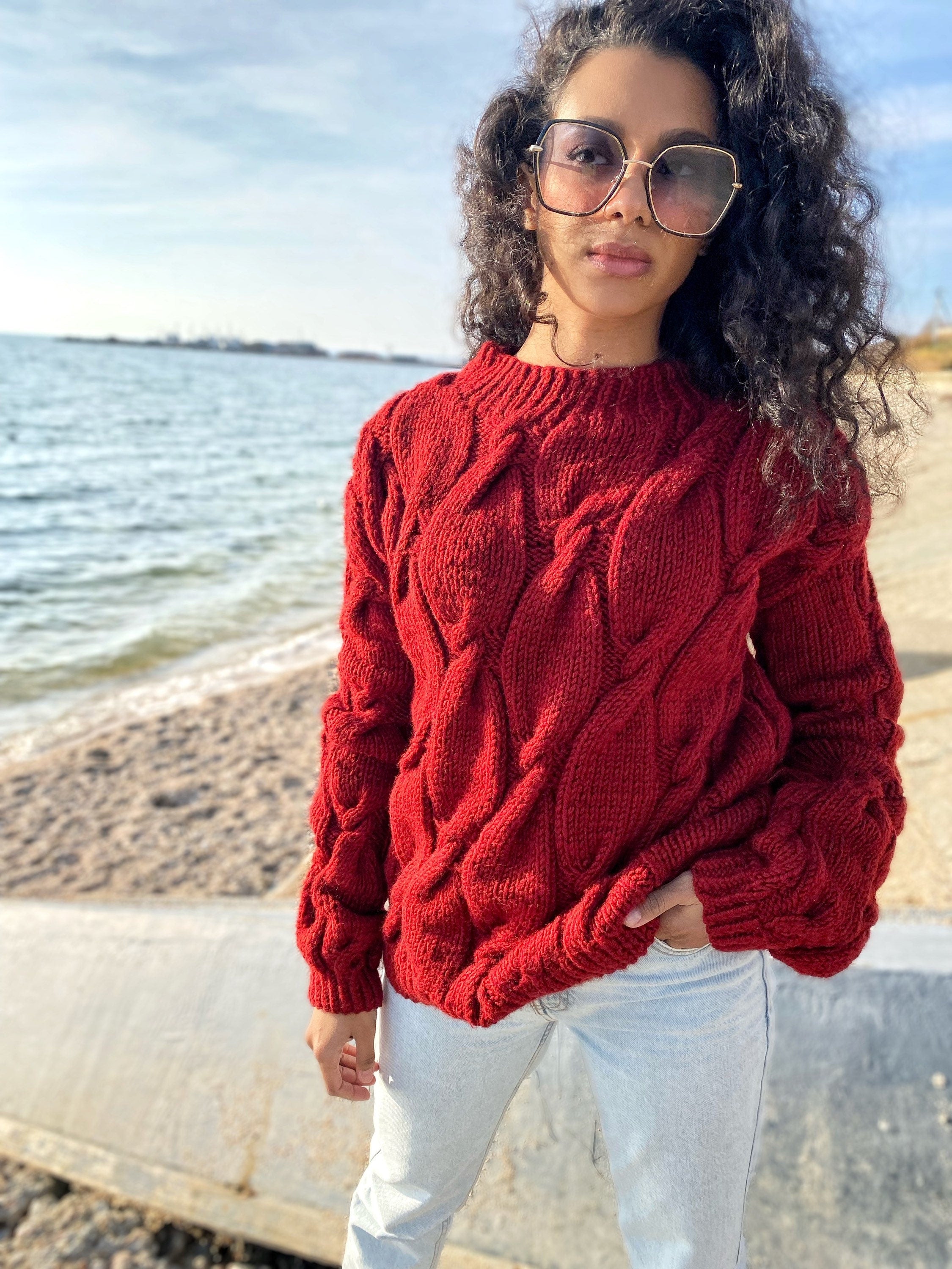 Chunky knit sweater Red sweater Oversized sweater Braids sweater Cable knit sweater burgundy sweater Women Knitwear turtleneck unique gifts