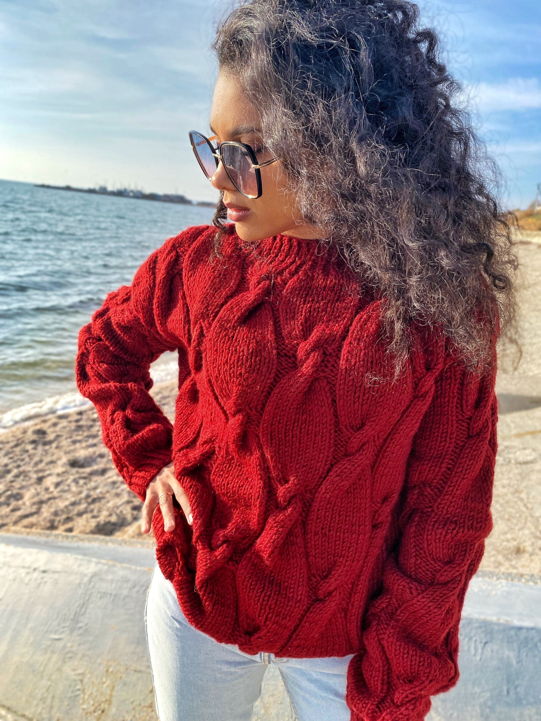 Chunky knit sweater Red sweater Oversized sweater Braids sweater Cable knit sweater burgundy sweater Women Knitwear turtleneck unique gifts