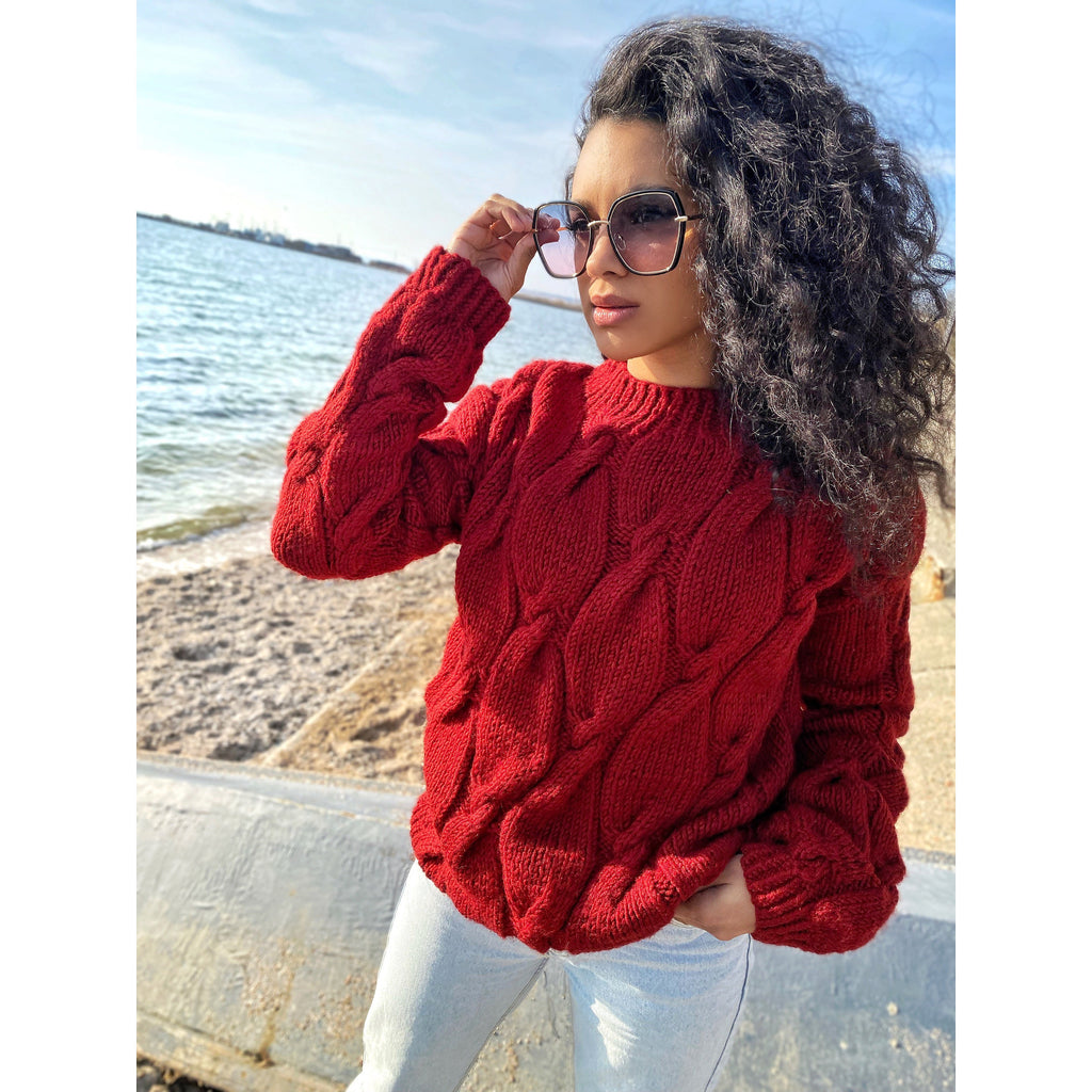 Chunky knit sweater Red sweater Oversized sweater Braids sweater Cable knit sweater burgundy sweater Women Knitwear turtleneck unique gifts