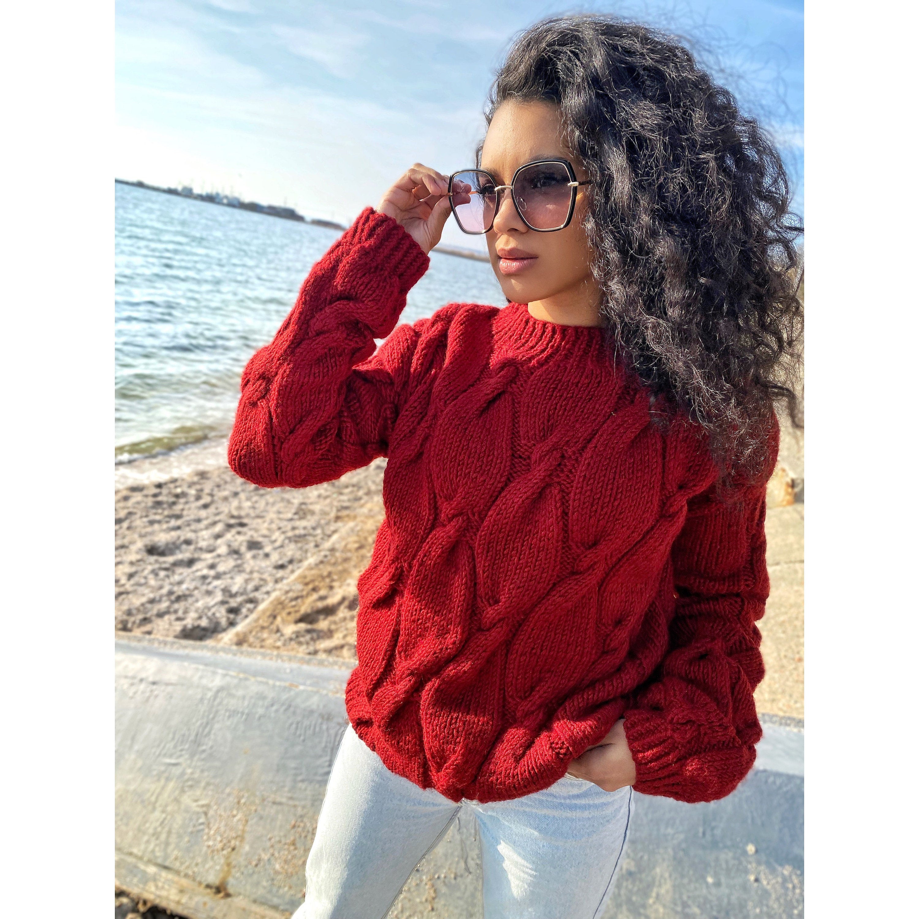 Chunky knit sweater Red sweater Oversized sweater Braids sweater Cable knit sweater burgundy sweater Women Knitwear turtleneck unique gifts