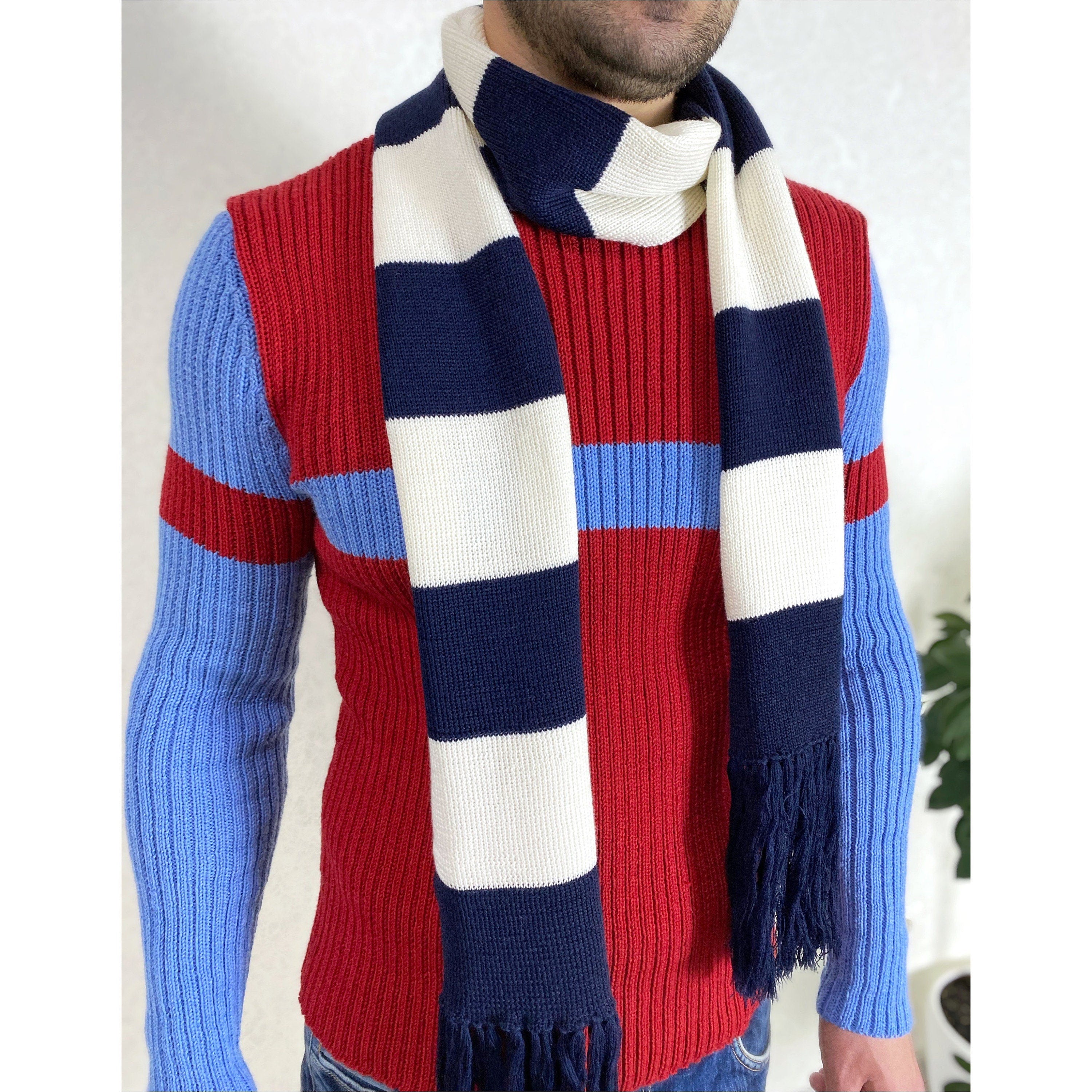 Knitted Striped scarf blue white soft meino knit scarf unisix/long mens scarf with tassels/gift for her him birthday gift