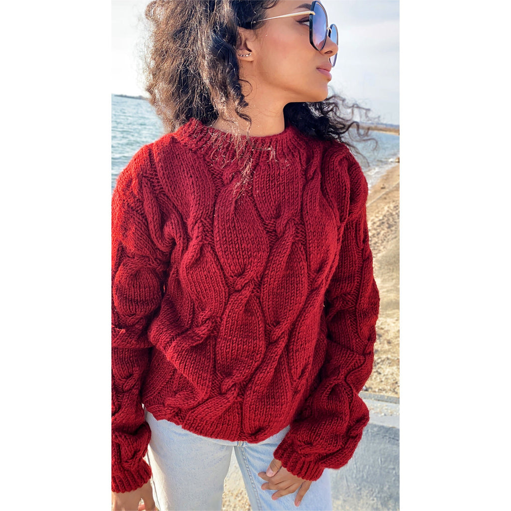 Chunky knit sweater Red sweater Oversized sweater Braids sweater Cable knit sweater burgundy sweater Women Knitwear turtleneck unique gifts