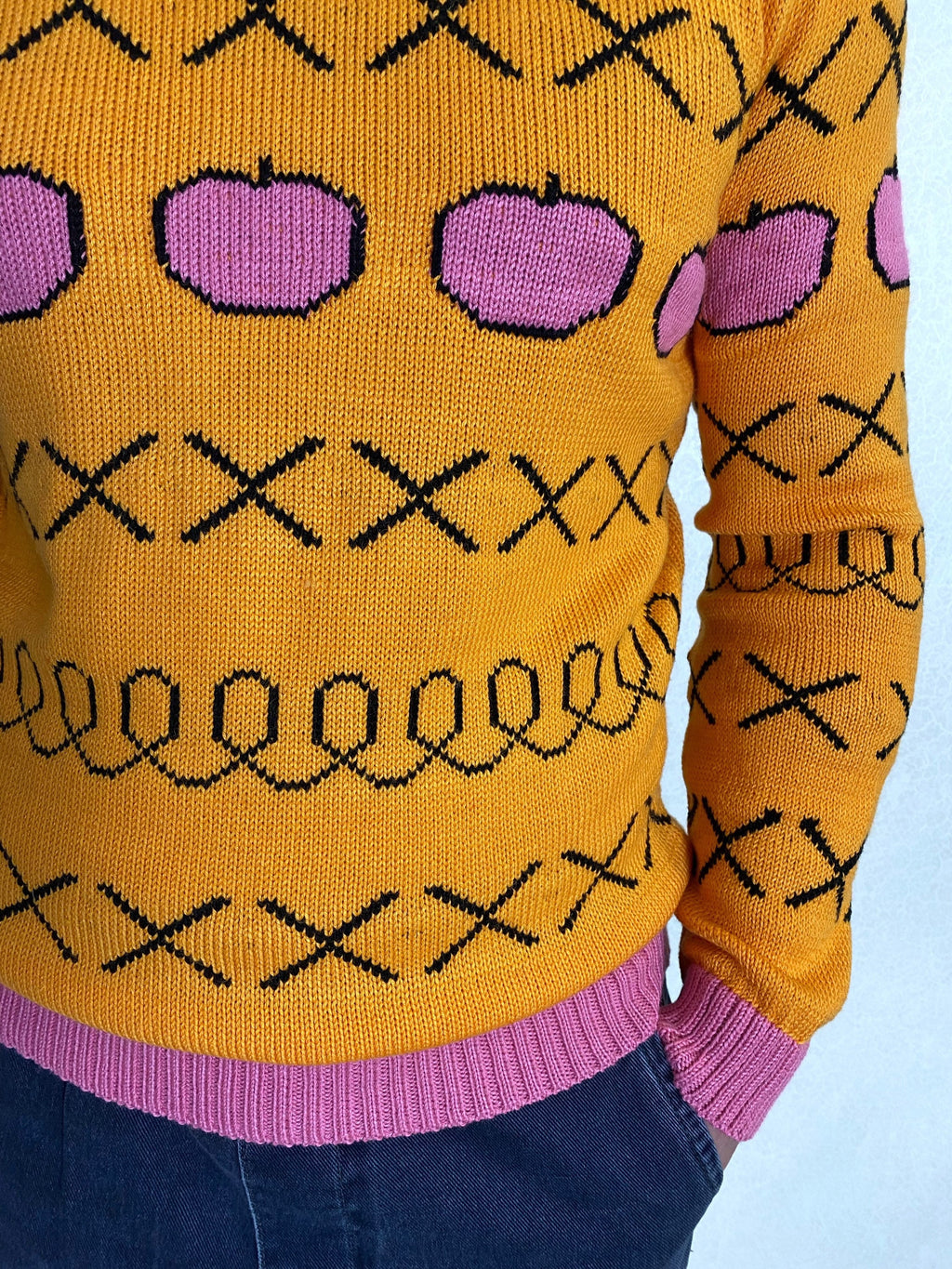 Hand knit yellow sweater Yellow pink orange X knit apples pullover Men’s knitted sweater Pink apples