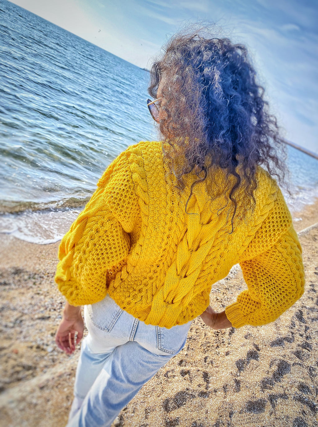 Hand knitted yellow sweater soft wool for women Oversized women’s knit jersey Three-quarter sleeve Chunky lemon sweater