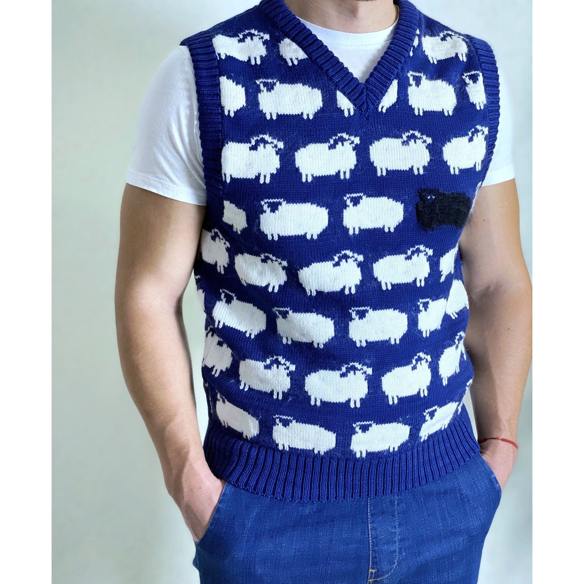 Blue knitted vest white black sheep for men Knit merino cable knit sweater vest white sheep Sleeveless jacket men’s wool Gift for him