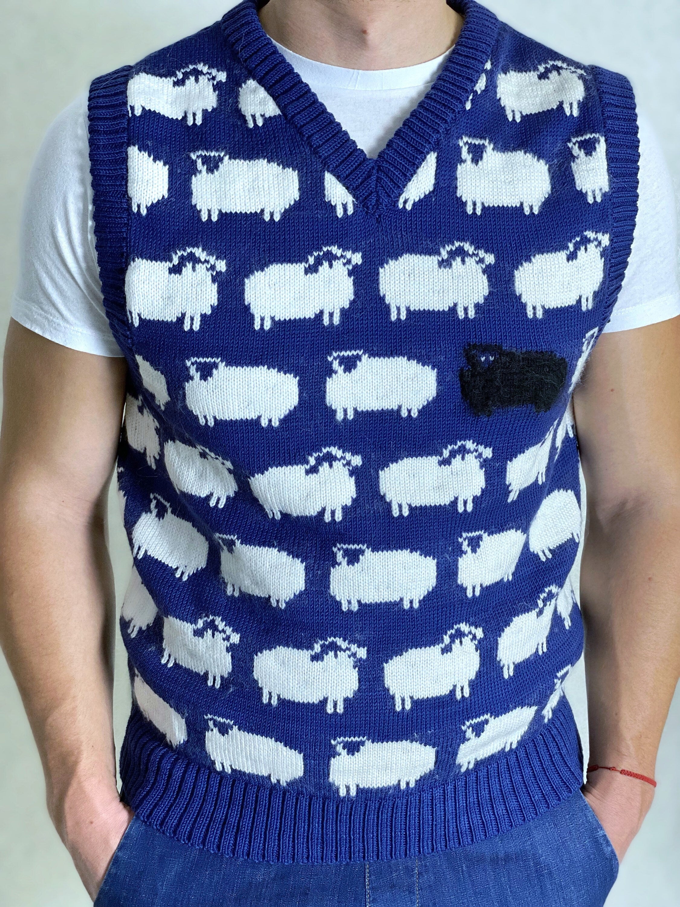 Blue knitted vest white black sheep for men Knit merino cable knit sweater vest white sheep Sleeveless jacket men’s wool Gift for him