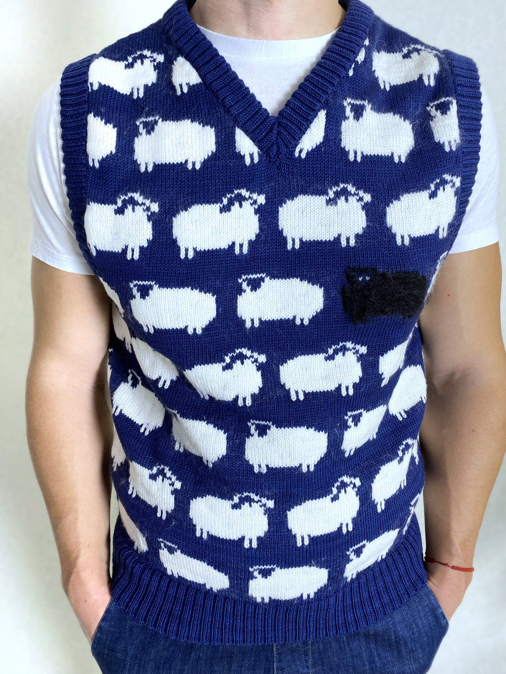Blue knitted vest white black sheep for men Knit merino cable knit sweater vest white sheep Sleeveless jacket men’s wool Gift for him